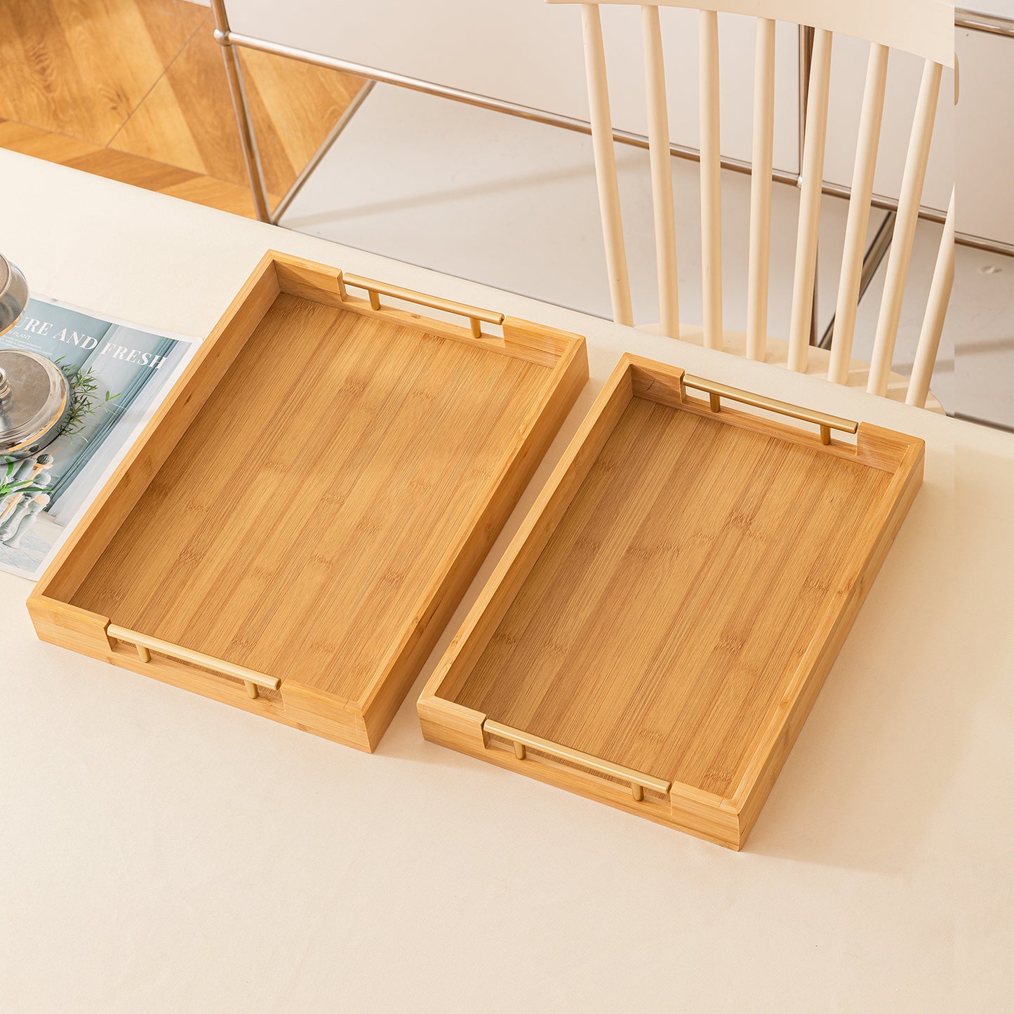 Bamboo Set of 2/3 Serving Tray Set with Gold Handles – Elegant Wooden Trays for Kitchen