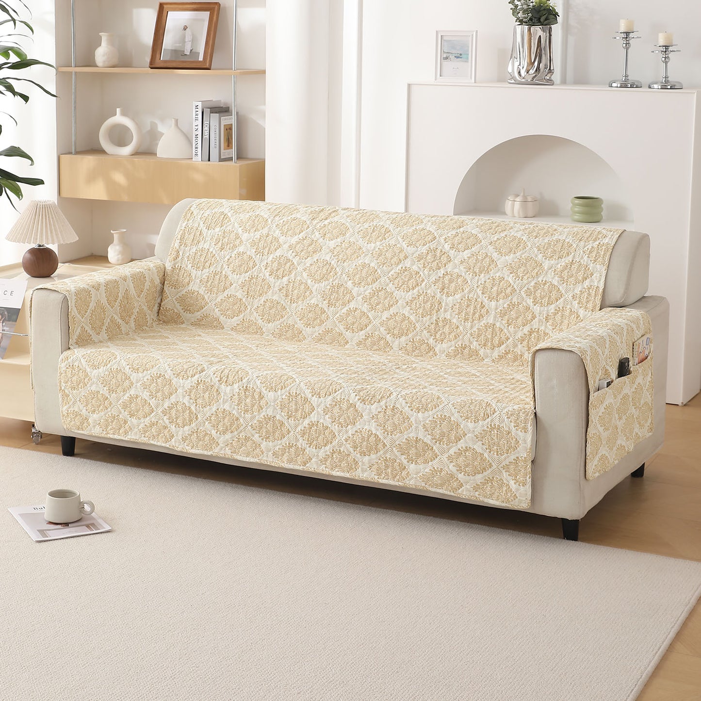 3 Seater Ogee Ivory Printed quilted sofa cover