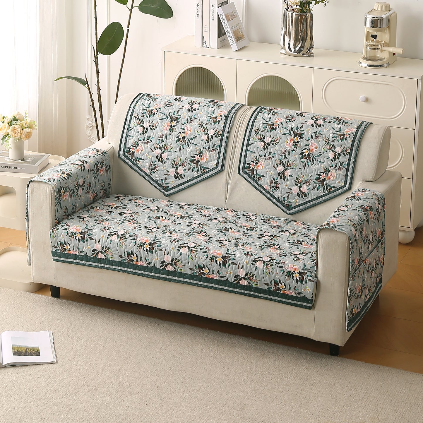 Florentina Series Printed Holland Velvet Sofa Mat - Magnolia Green