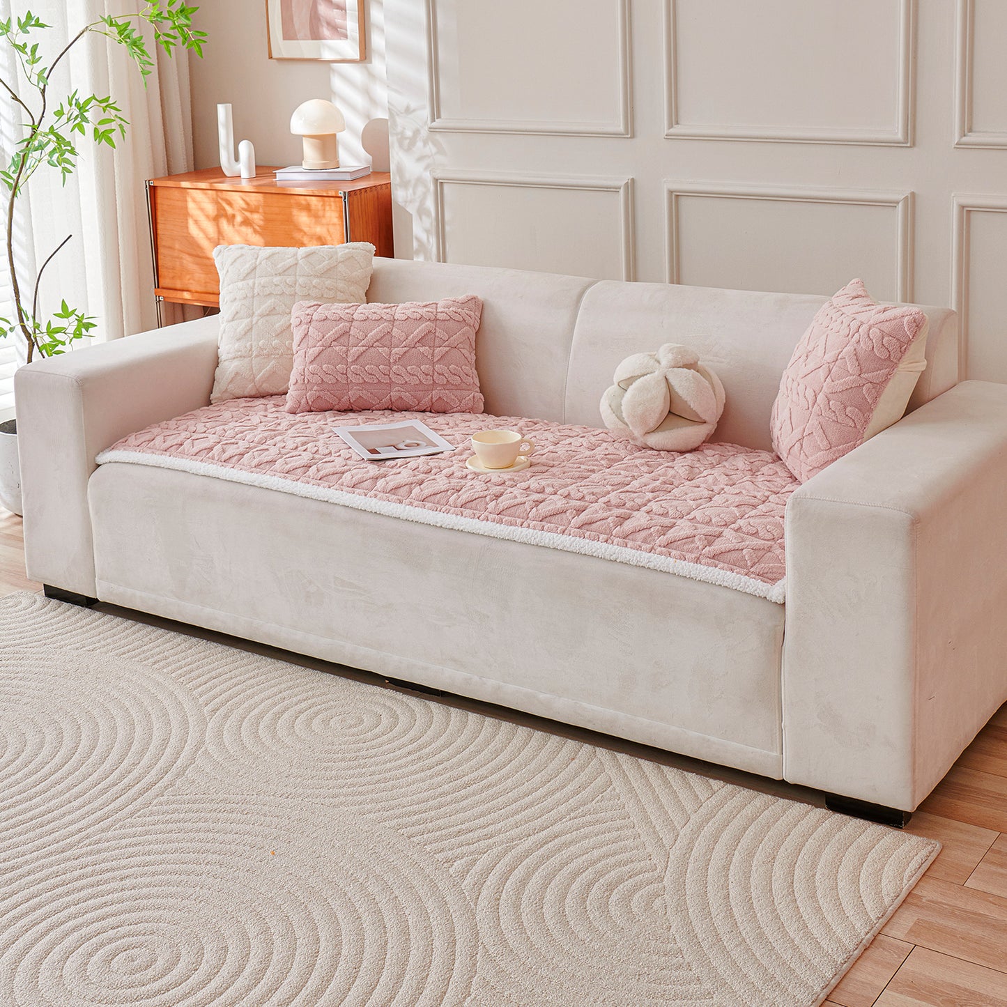 'Italian Caelora' Luxury Jacquard Plush Sofa Cover Mat and Anti-Slip Armrest Covers - Misty Rose