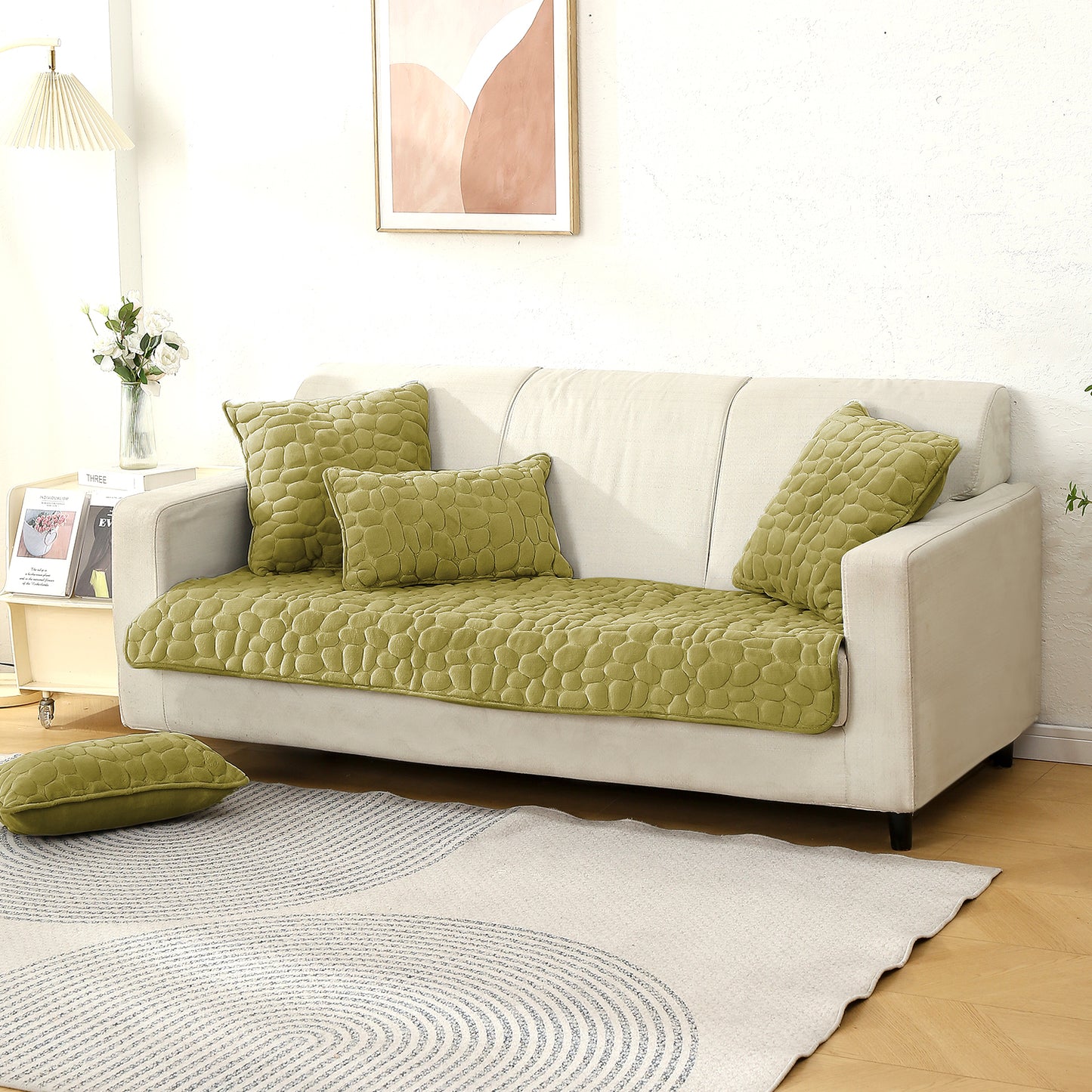 Premium Pebble Milk Velvet Anti Slip Sofa Mat for 1/2/3 Seater, Pristine Green