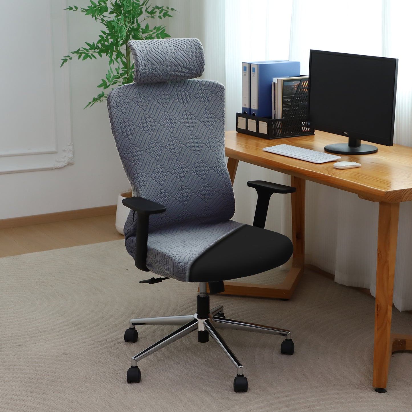 Office Chair Cover with Headrest (High-Back) – 170 GSM Stretch Jacquard – Washable, Anti-Slip Fit for Ergonomic Mesh Office Chairs, Dark Grey