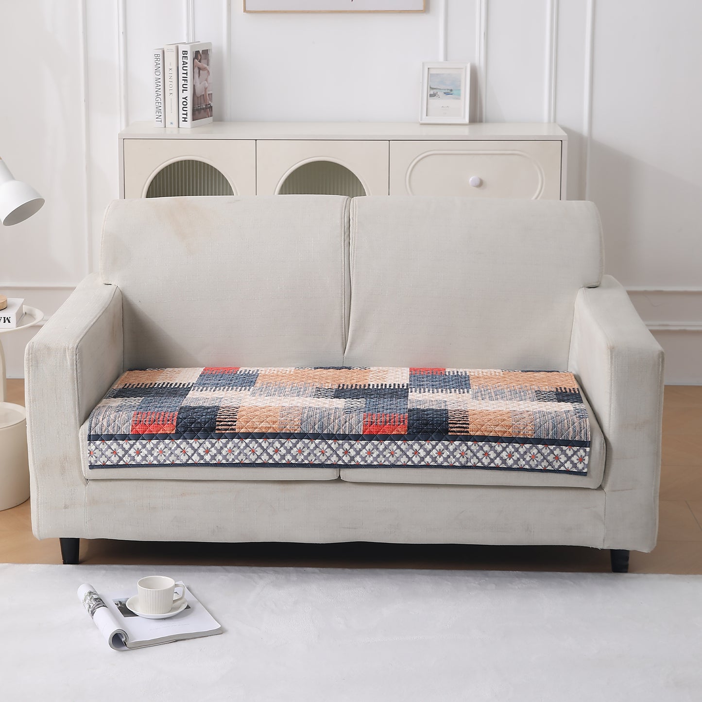 LiefNest Printed Holland Velvet Sofa Mat with Foam Filling - Urban Grid Multicolor for 1/2/3 Seater & Armrest
