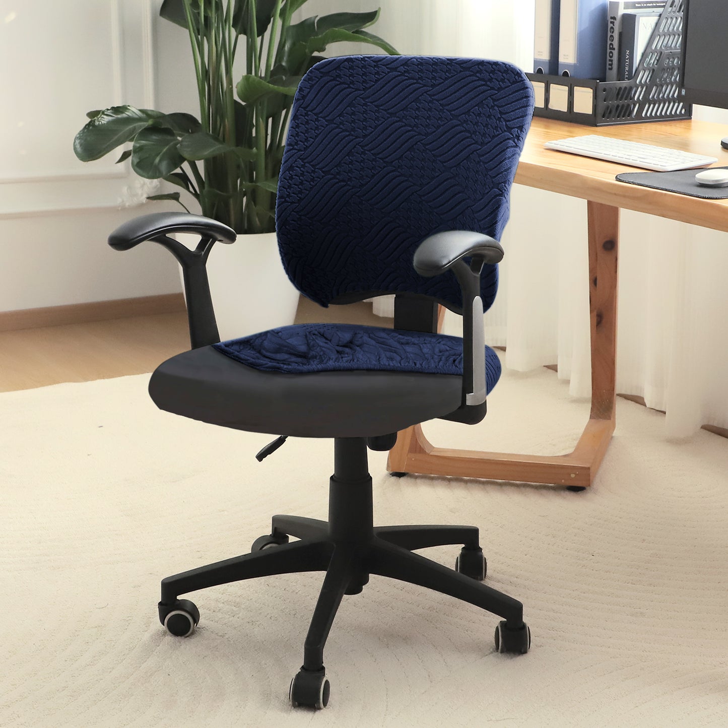 Office Chair Cover for Task Chair – 170 GSM Stretchable Jacquard – Washable & Anti-Slip – Fits Small Office Chairs Without Headrest, Navy Blue
