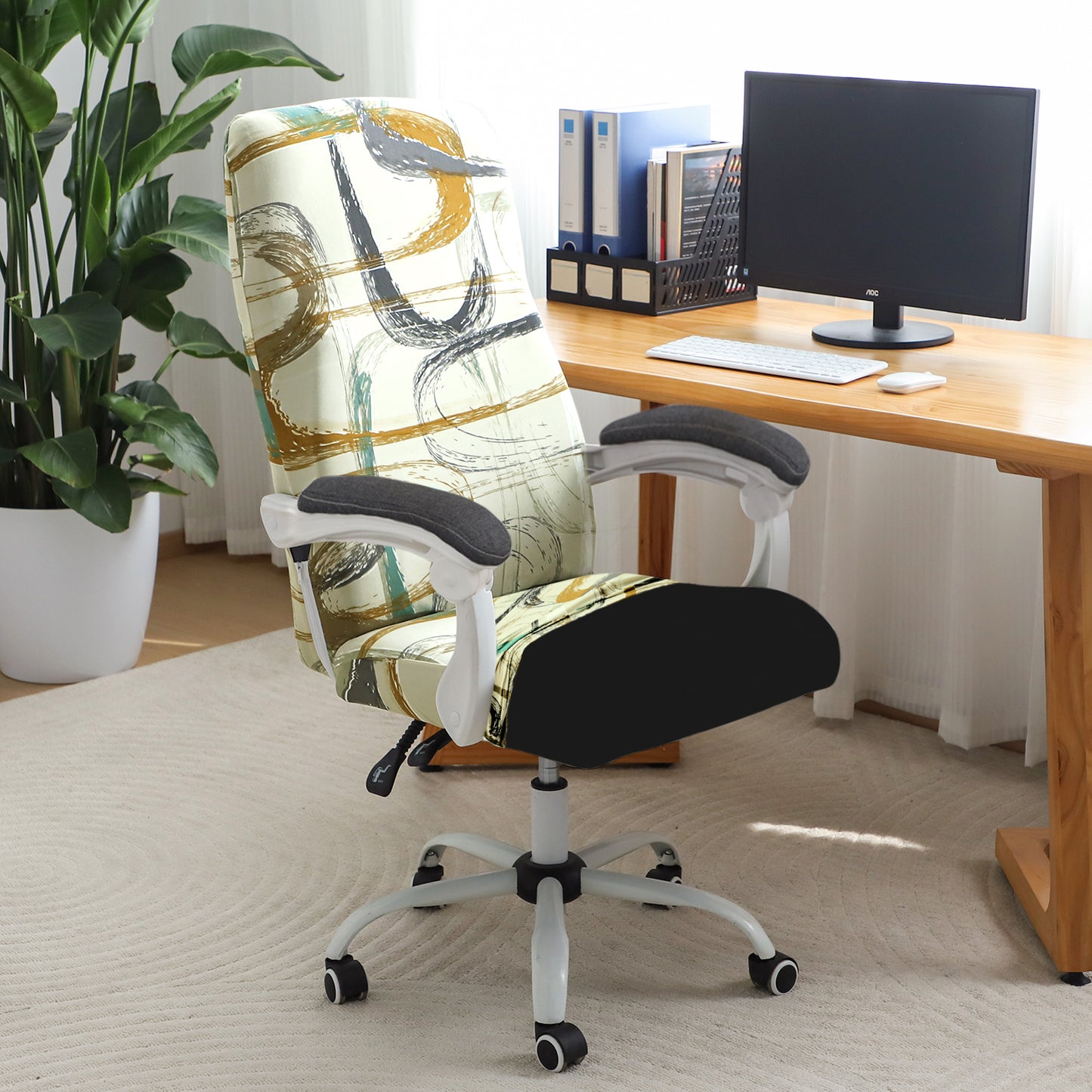 Printed Office Chair Cover for Executive Chair (High-Back) – 140 GSM Stretchable Fabric – Washable & Anti-Slip – Fits Big & Tall Office Chairs, Parchement Beige Abstract Art
