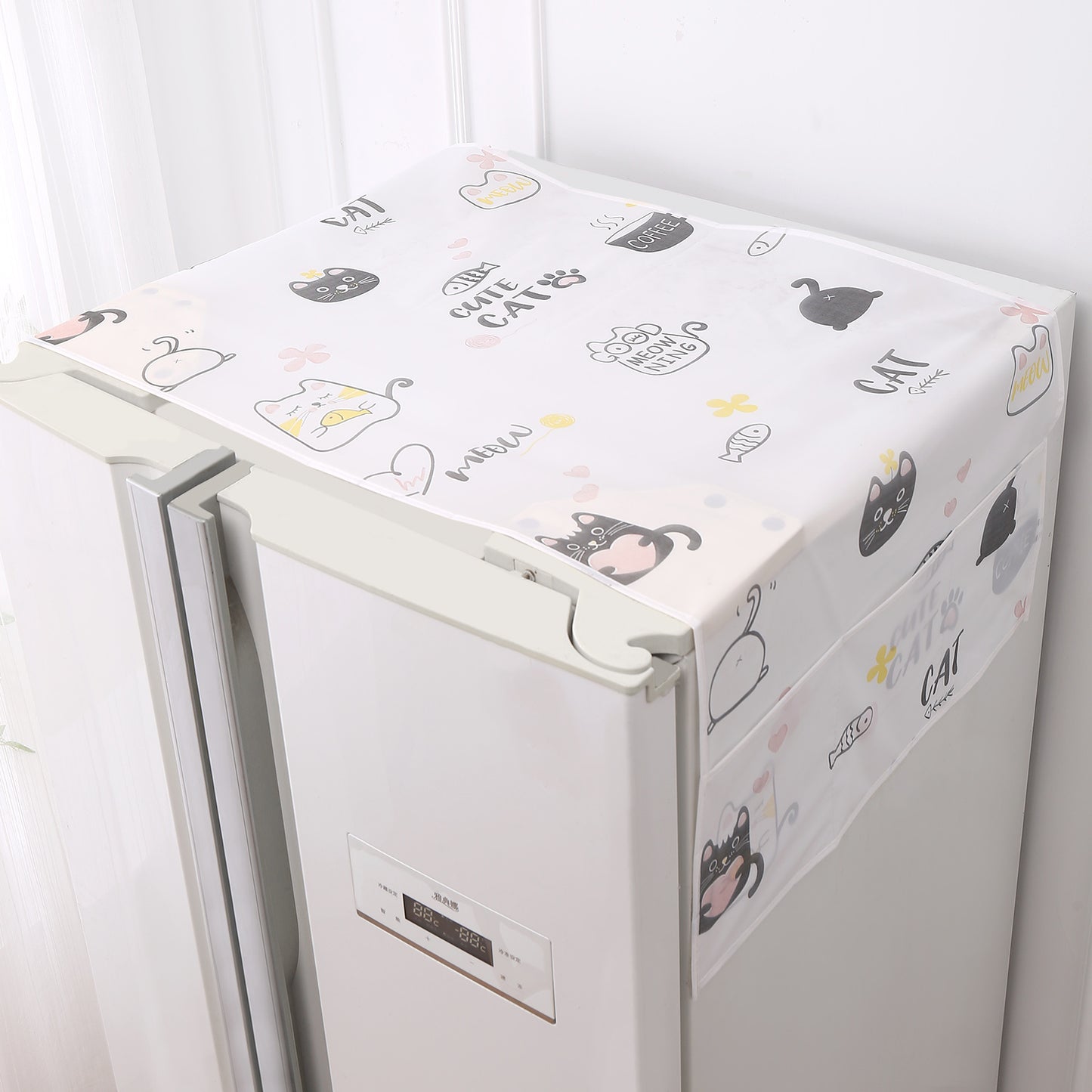 Small / Large Fridge Cover Top | For Smaller Single Door, Double Door and Bigger Double Door Refrigerator - Waterproof, Printed with 6 Side Pockets, Playful Cats