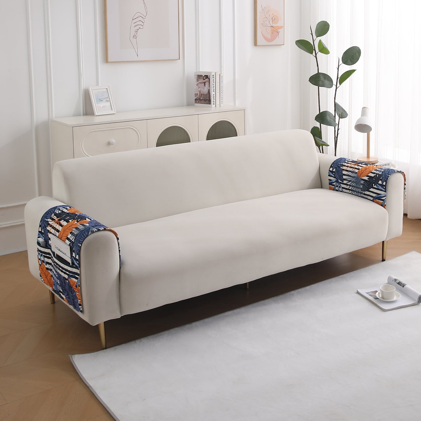 LiefNest Holland Velvet Sofa Cover Mat with Foam Filling - Tropical Leaves Dusk Blue