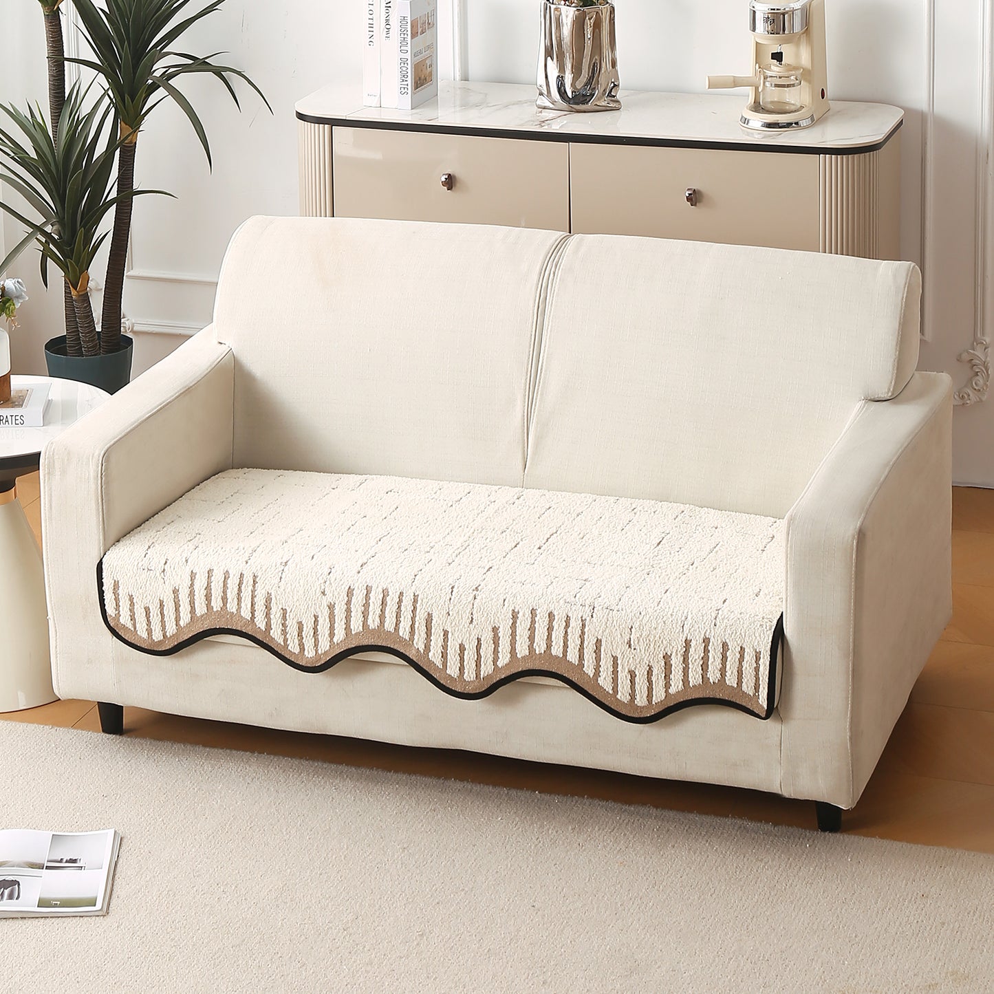 Premium Supple Soft Wavy with Curve Sofa Cover Mat, Cream Brown