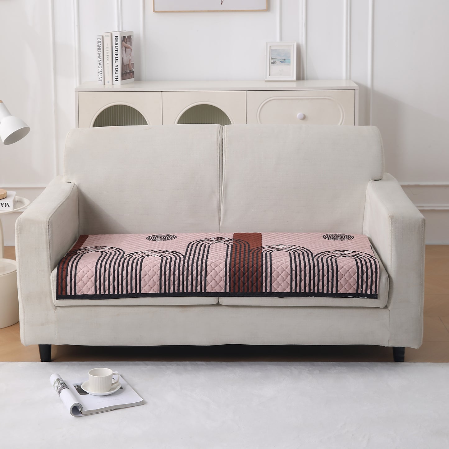 LiefNest Printed Holland Velvet Sofa Mat with Foam Filling - Modern Archscape Mauve Blush for 1/2/3 Seater & Armrest
