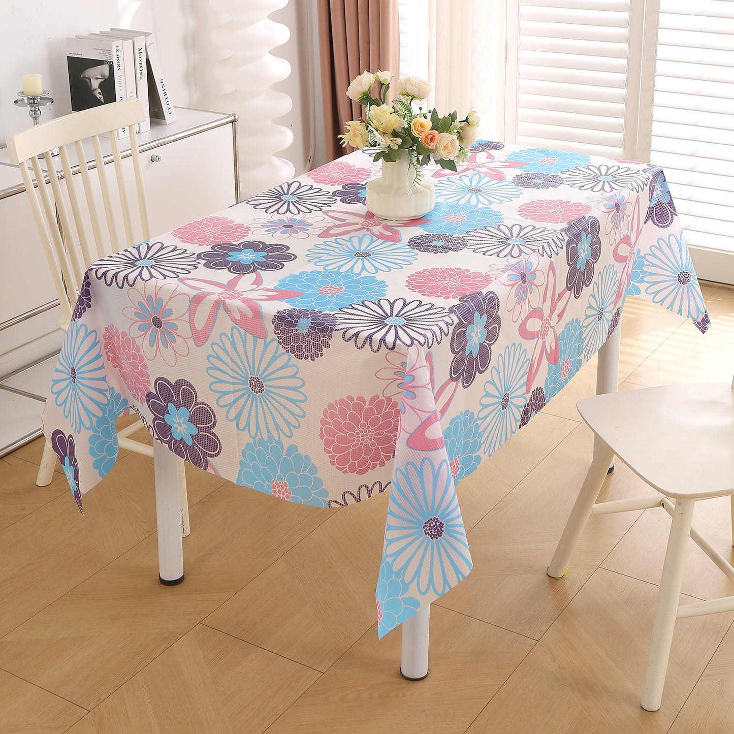 PEVA Waterproof Table Cover Cloth for 2/4/6 Seaters Dining Table | Dustproof Table Cloth for Study & Coffee Table, Tufts Blue Sunflower