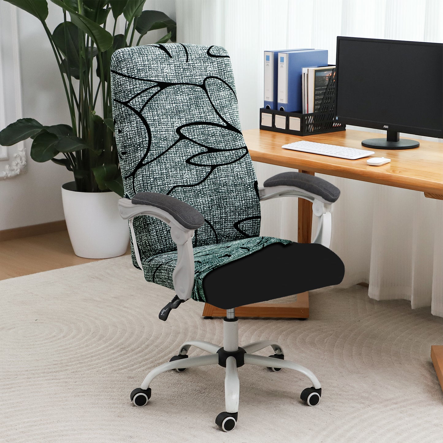 Printed Office Chair Cover for Executive Chair (High-Back) – 140 GSM Stretchable Fabric – Washable & Anti-Slip – Fits Big & Tall Office Chairs, Intense Grey Abstract Floral