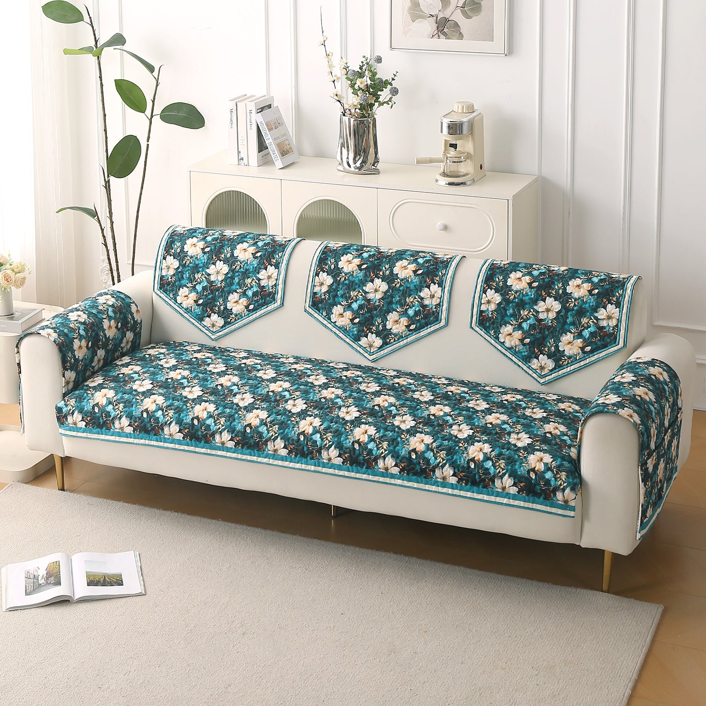 Florentina Series Printed Holland Velvet Sofa Mat - Pansies Teal