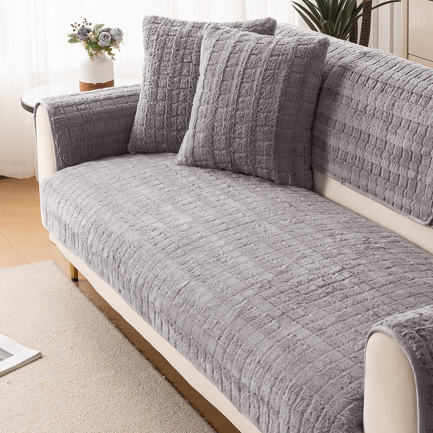 Premium Plush Anti Slip Sofa Cover Mat, Light Grey