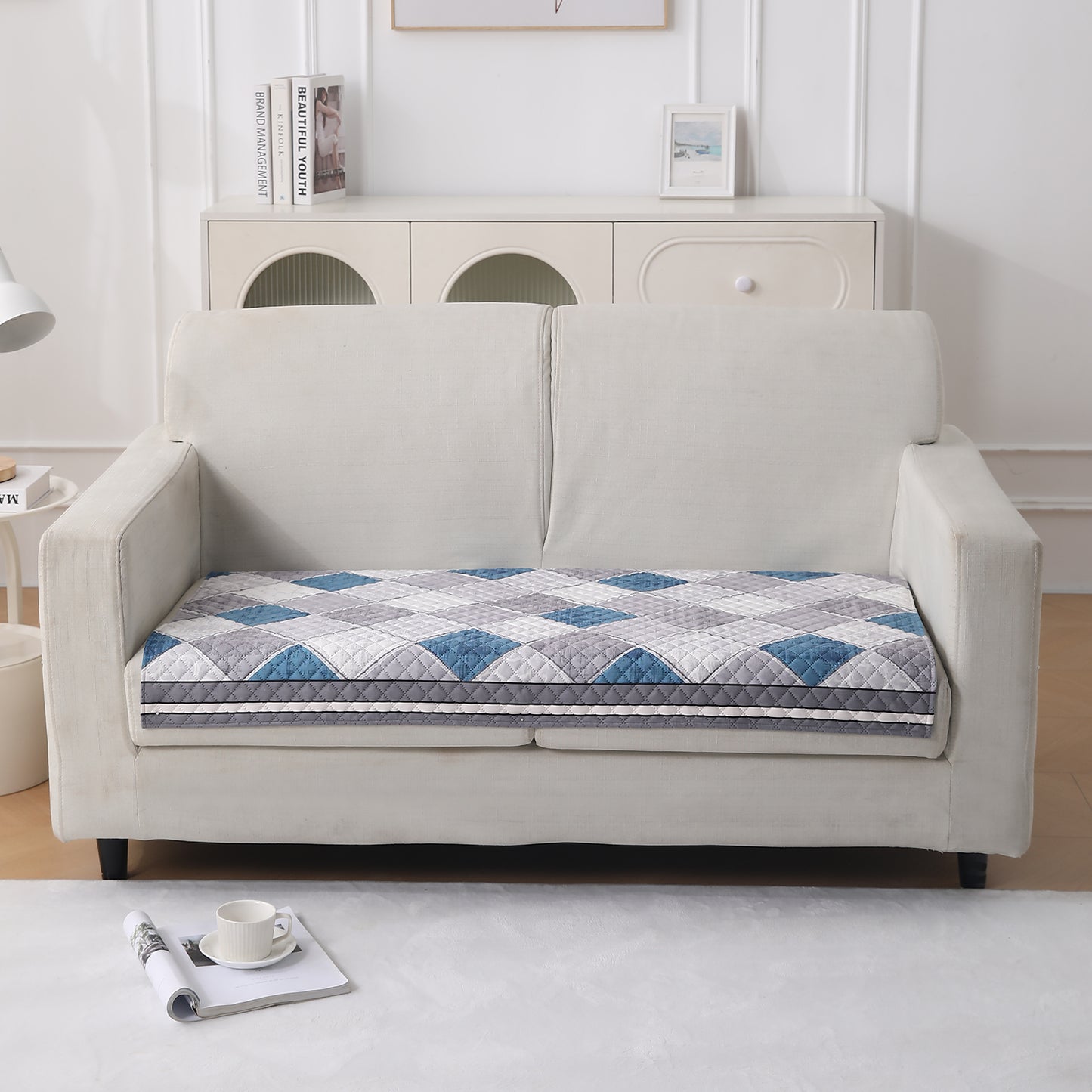 LiefNest Printed Holland Velvet Sofa Mat with Foam Filling - Diamond Slate Grey Blue for 1/2/3 Seater & Armrest
