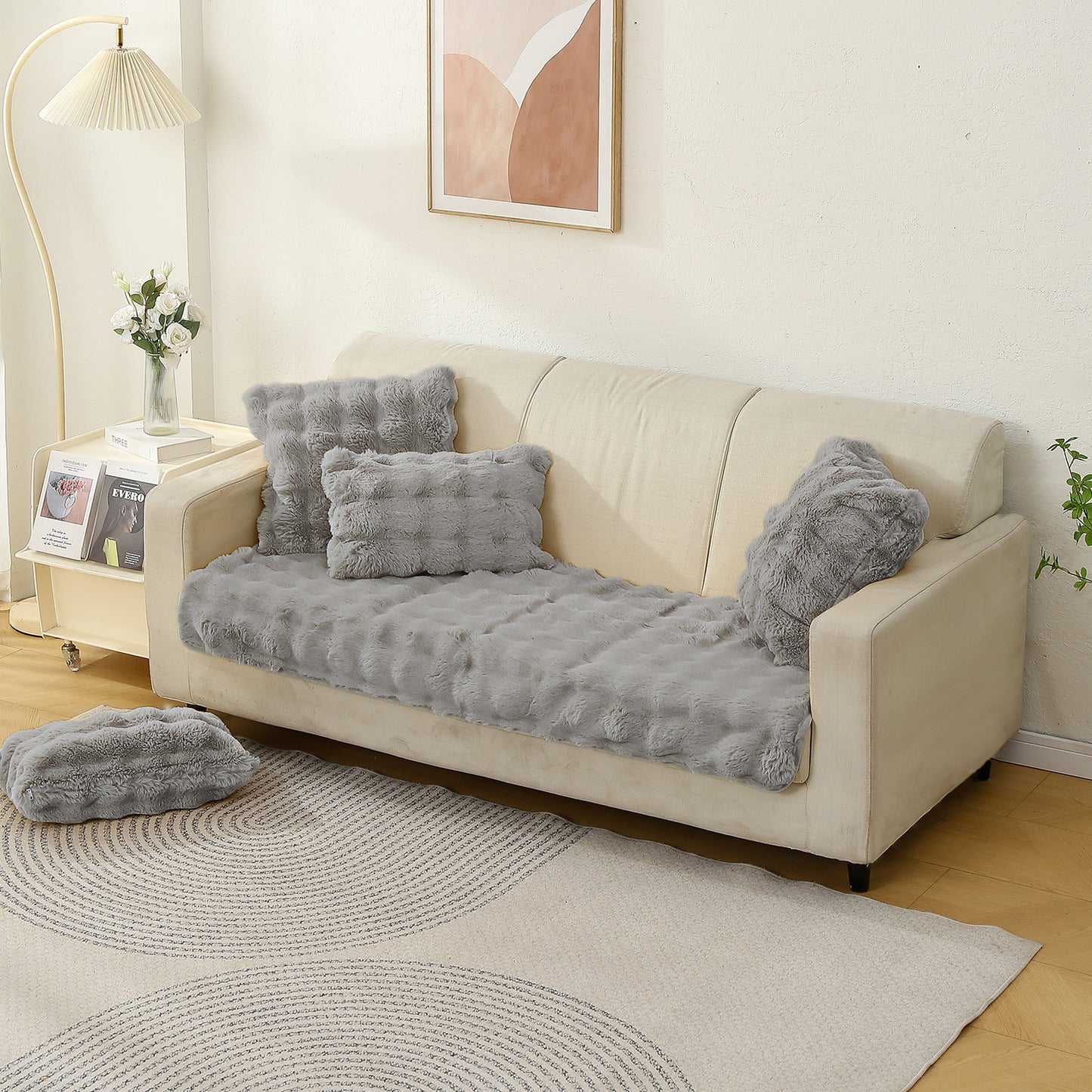 Premium Faux Rabbit Fur Anti Slip Sofa Mat for 1/2/3 Seater, Cool Grey