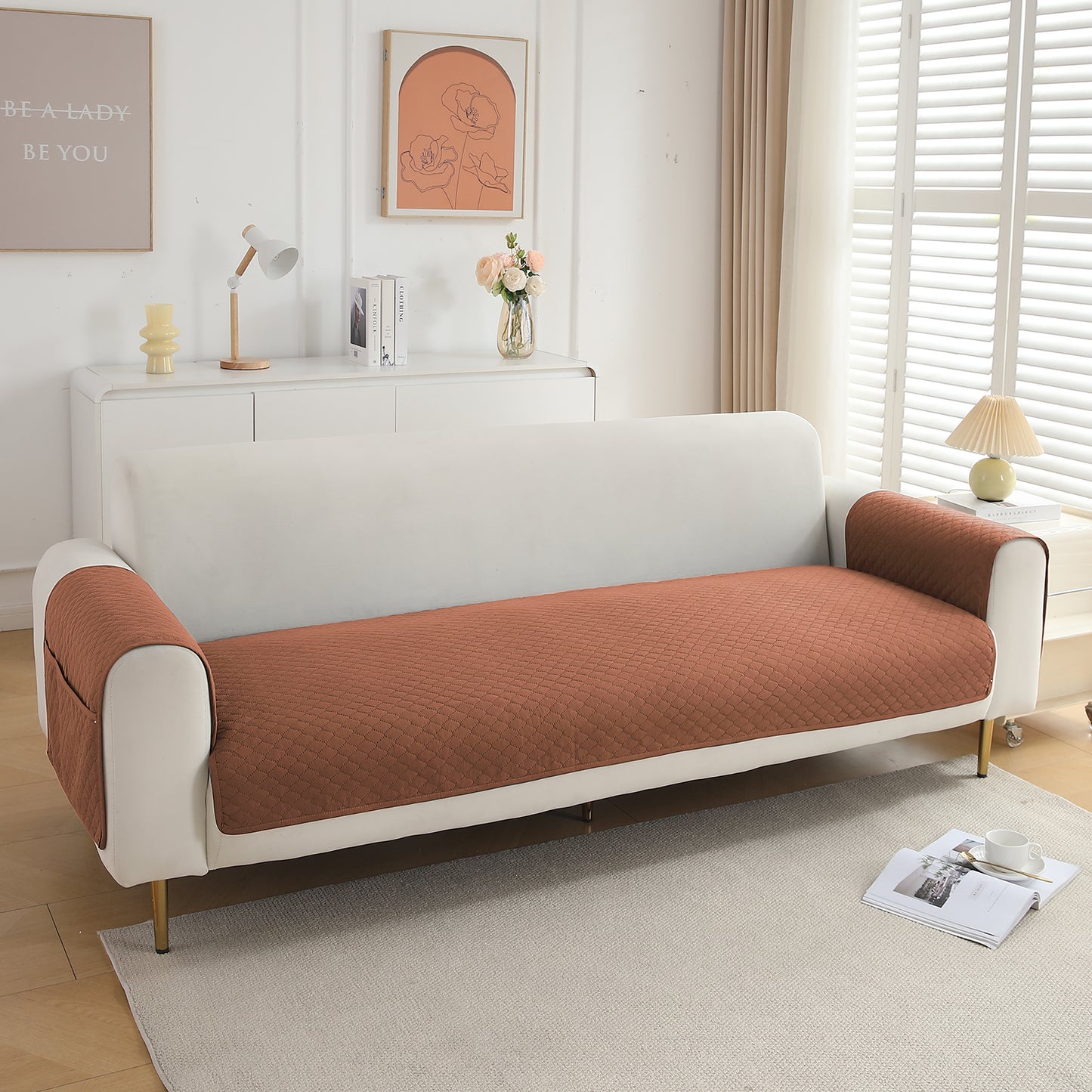 Quilted Sofa Cover Mat with 2 Armrest Covers Pockets, Brown