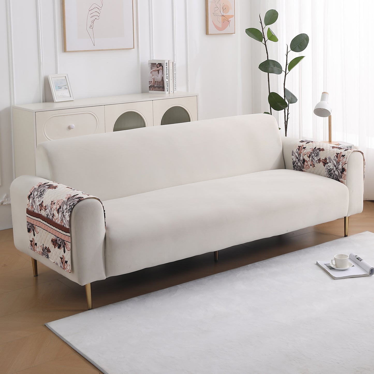 LiefNest Printed Holland Velvet Sofa Mat with Foam Filling - Chrysanthemum Bloom Soft Beige for 1/2/3 Seater & Armrest