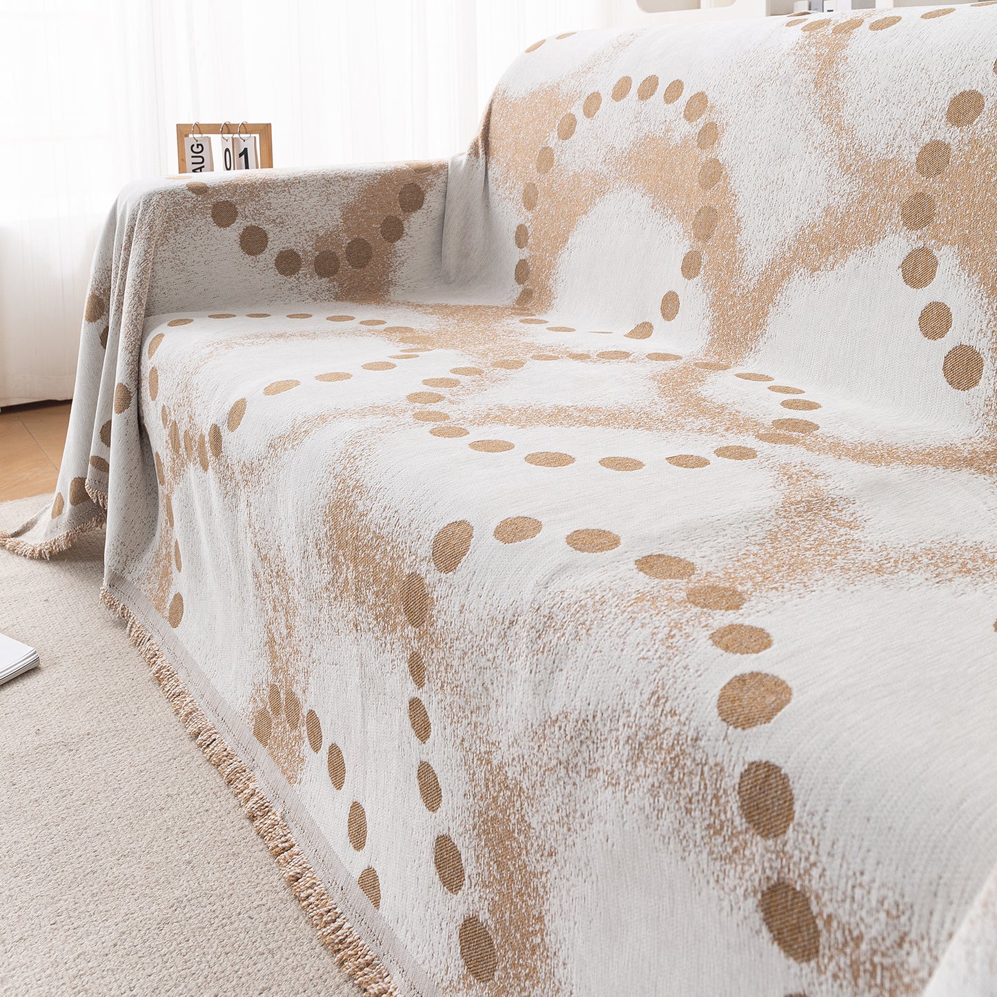 HOKIPO Premium 320 GSM Chenille Sofa Cover All Season 'Serene Abode Series', Latte Dotted Wave