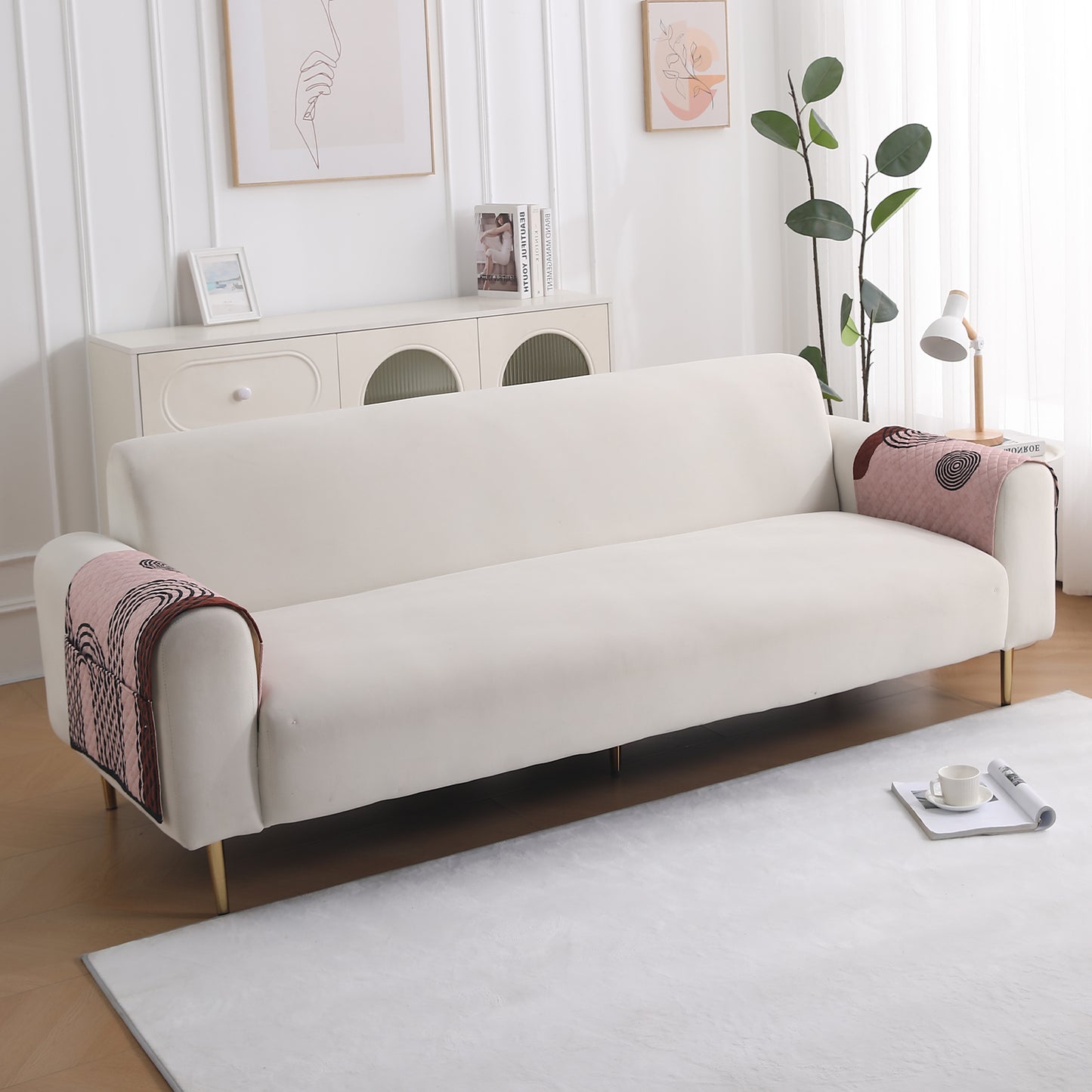 LiefNest Holland Velvet Sofa Cover Mat with Foam Filling - Modern Archscape Mauve Blush