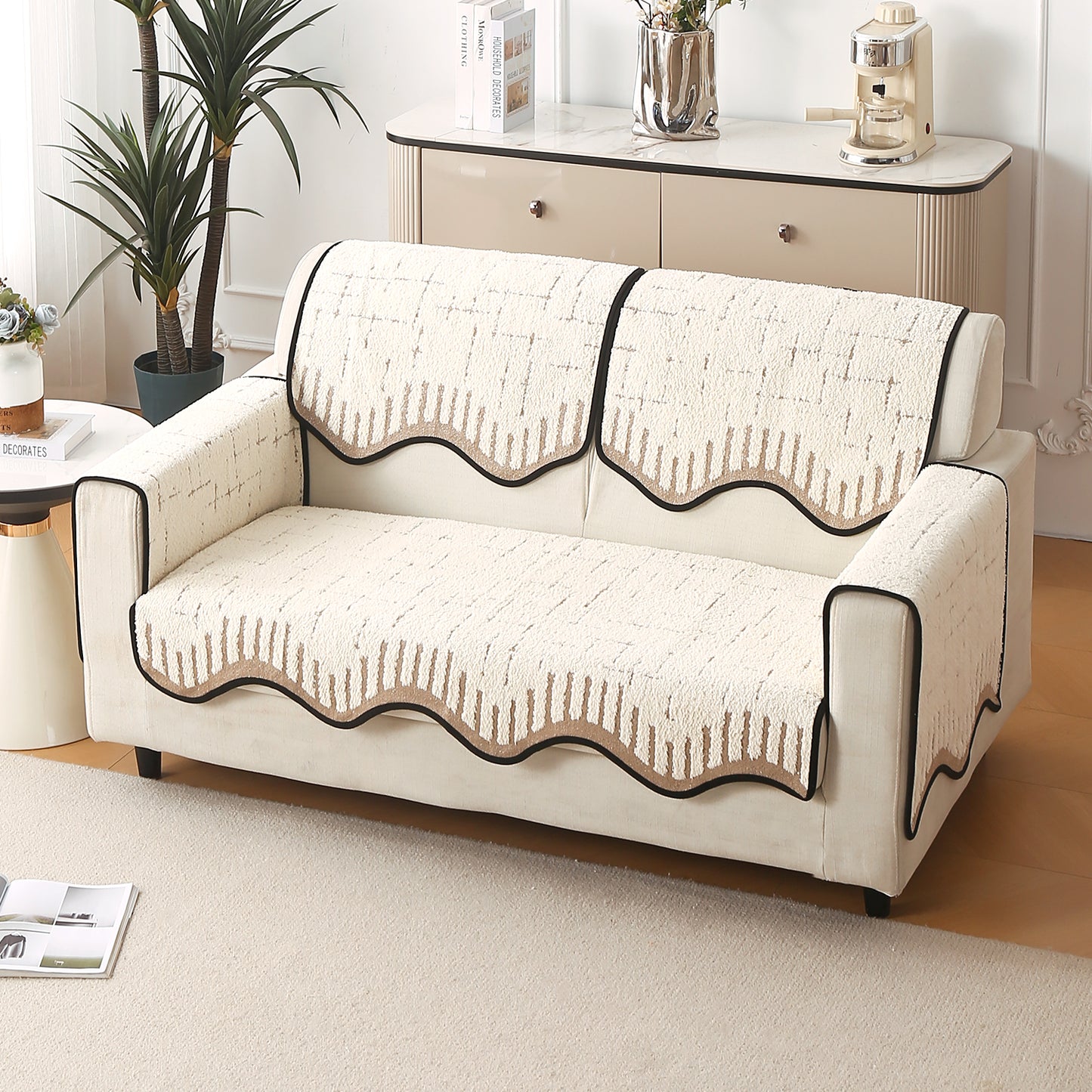 Premium Supple Soft Wavy with Curve Sofa Cover Mat, Cream Brown