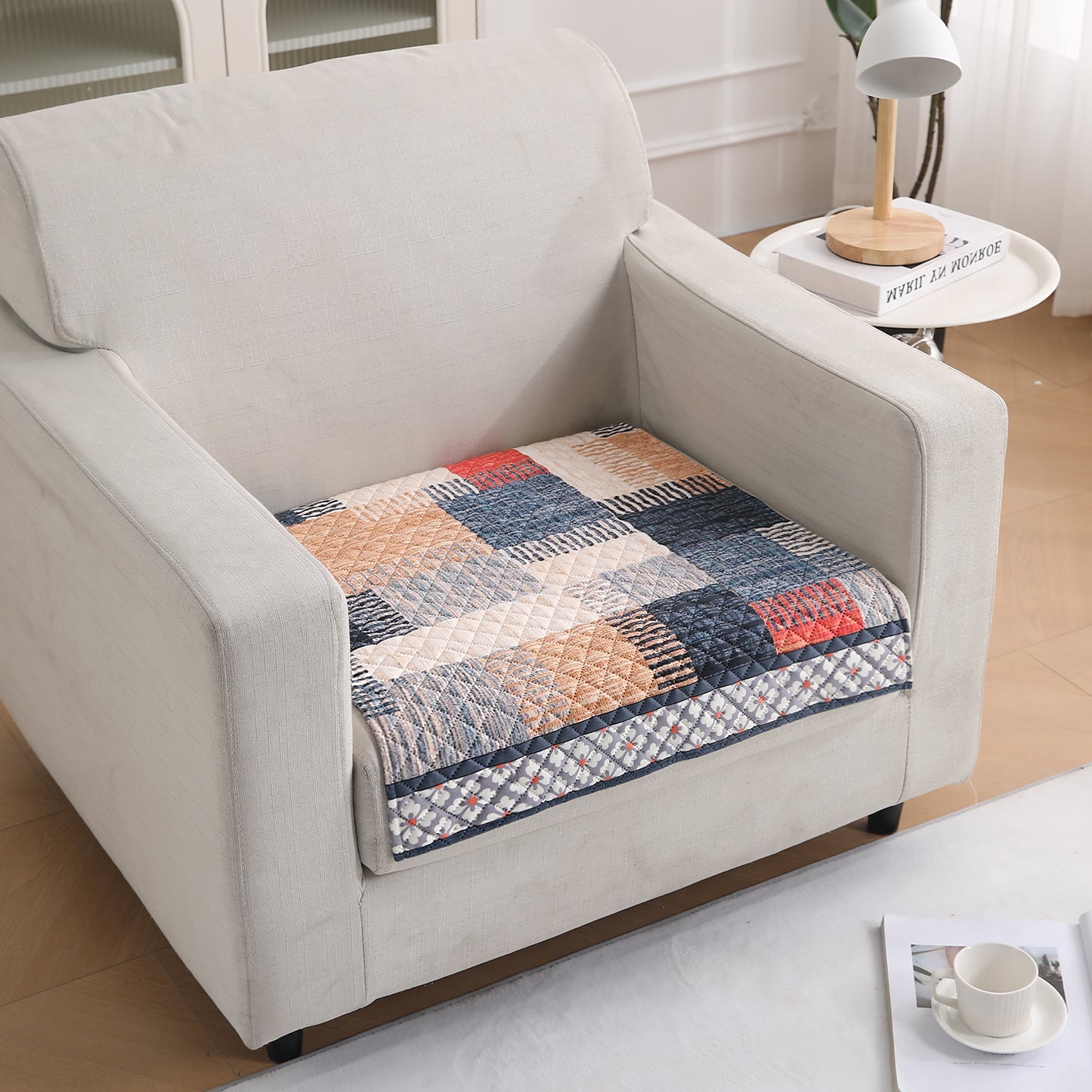 LiefNest Printed Holland Velvet Sofa Mat with Foam Filling - Urban Grid Multicolor for 1/2/3 Seater & Armrest