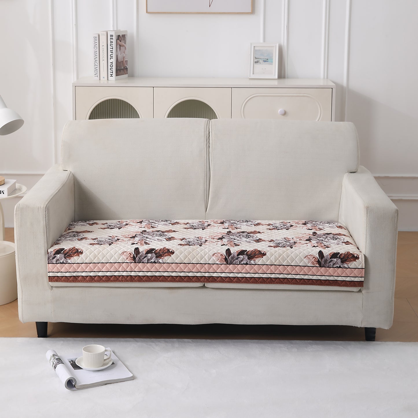 LiefNest Printed Holland Velvet Sofa Mat with Foam Filling - Chrysanthemum Bloom Soft Beige for 1/2/3 Seater & Armrest