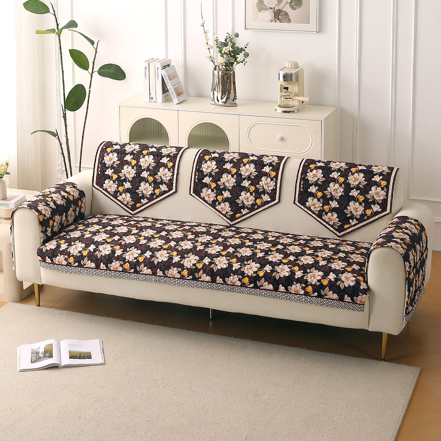 Florentina Series Printed Holland Velvet Sofa Mat - Camellia Brown