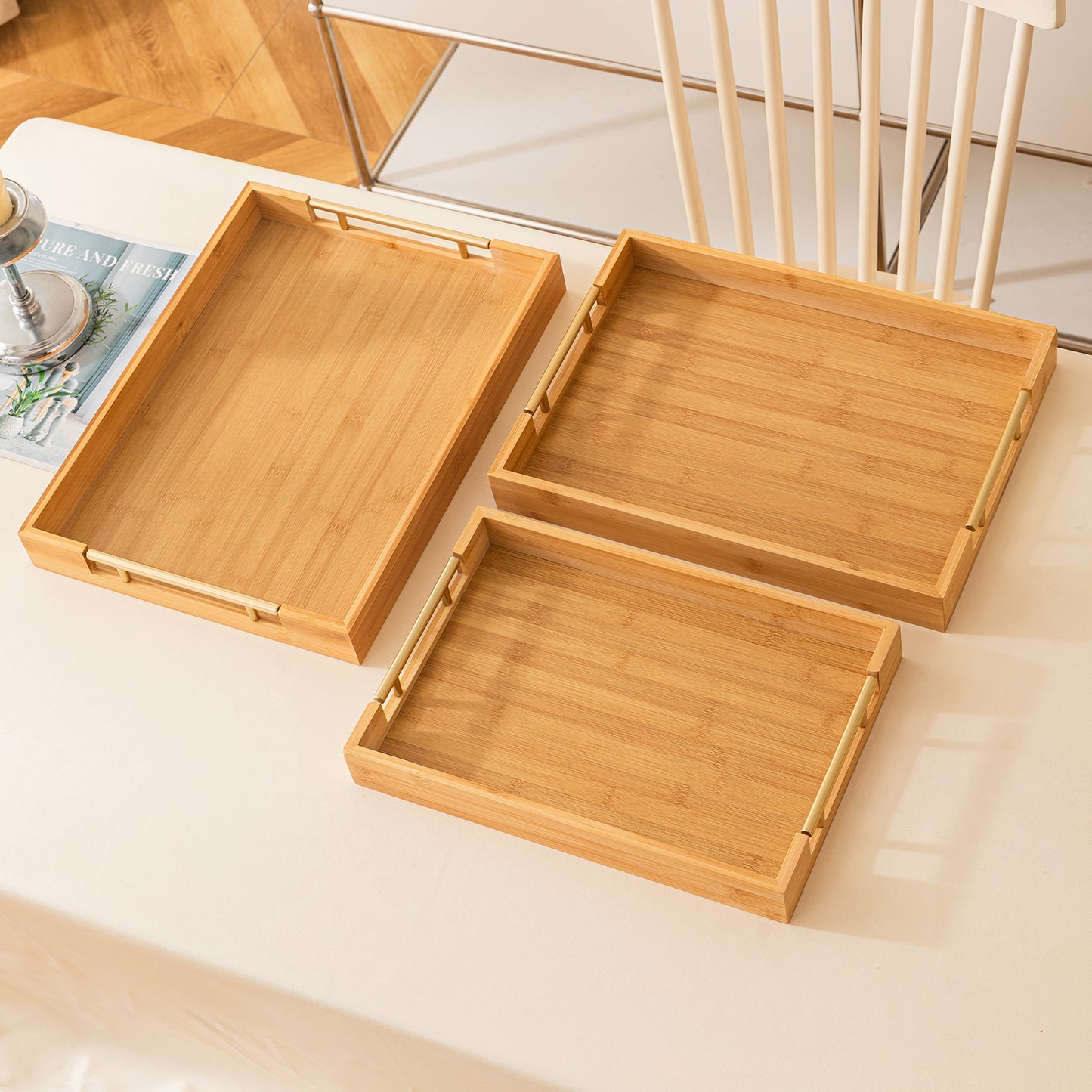 Bamboo Set of 2/3 Serving Tray Set with Gold Handles – Elegant Wooden Trays for Kitchen