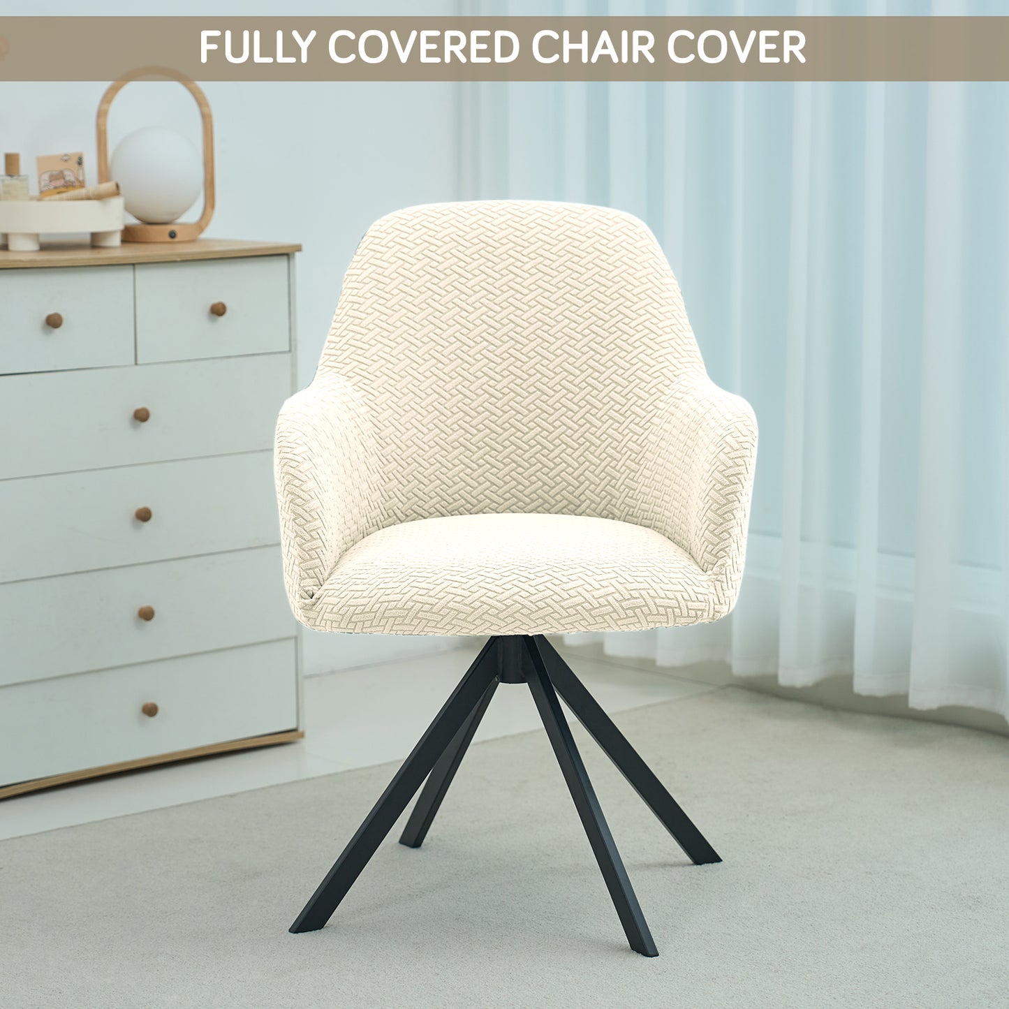 Premium Jacquard Fully Covered Cover for Swivel Dining Chair with Arms, Beige