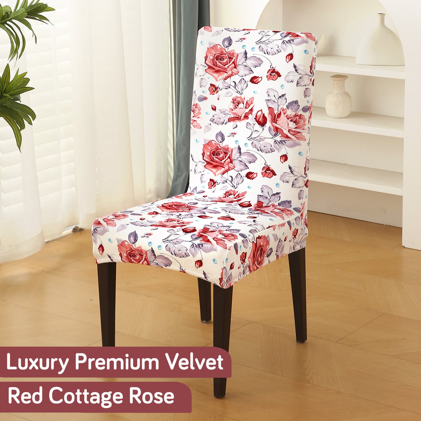 Premium Printed Velvet Dining Chair Cover Set, Red Cottage Rose
