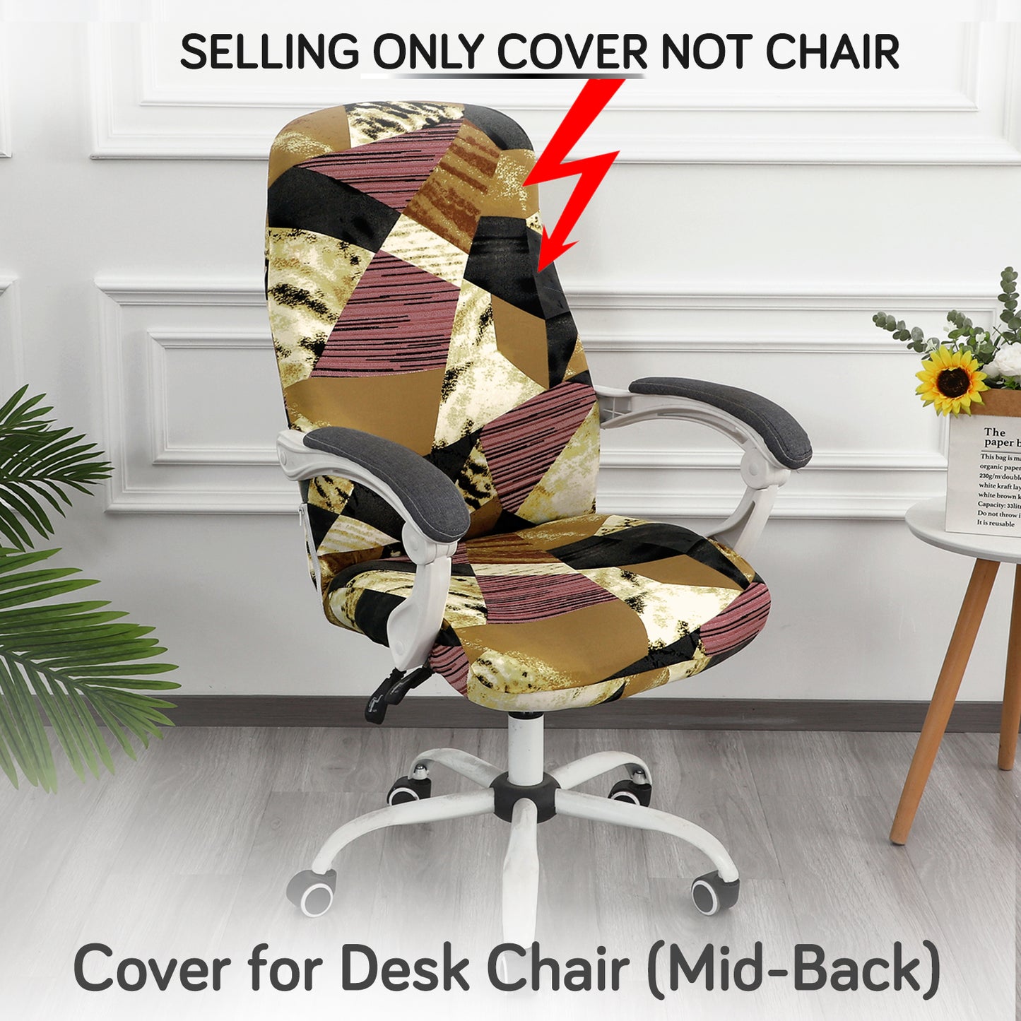 Printed Office Chair Cover for Desk Chair (Mid-Back) – 140 GSM Stretch Fabric – Washable, Durable & Anti-Slip – Fits Mid-Back Office Chairs, Wine Abstract Geometry - Medium
