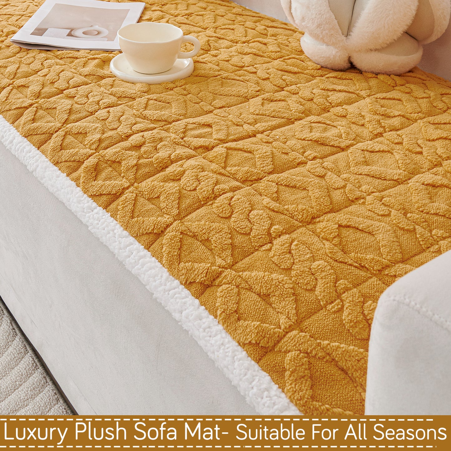 'Italian Caelora' Luxury Jacquard Plush Sofa Cover Mat and Anti-Slip Armrest Covers - Honey Yellow