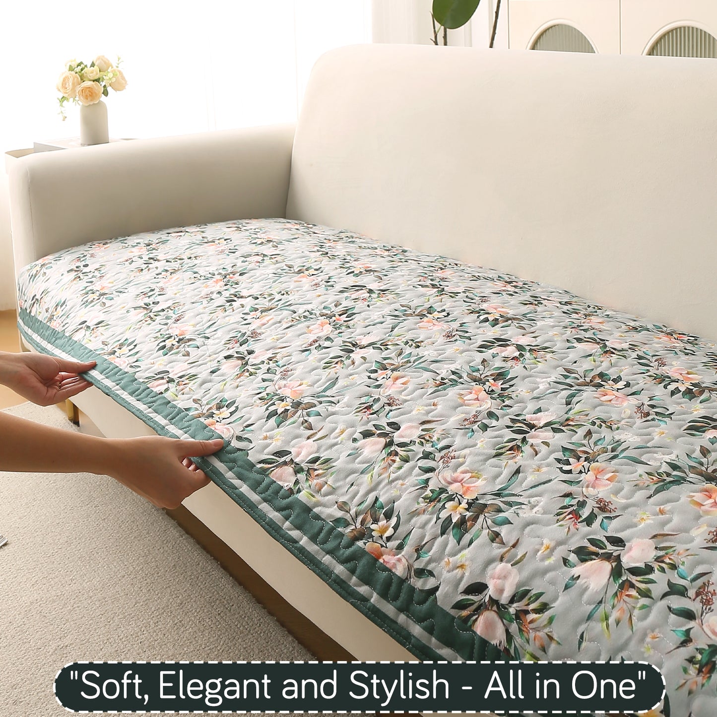Florentina Series Printed Holland Velvet Sofa Mat - Magnolia Green