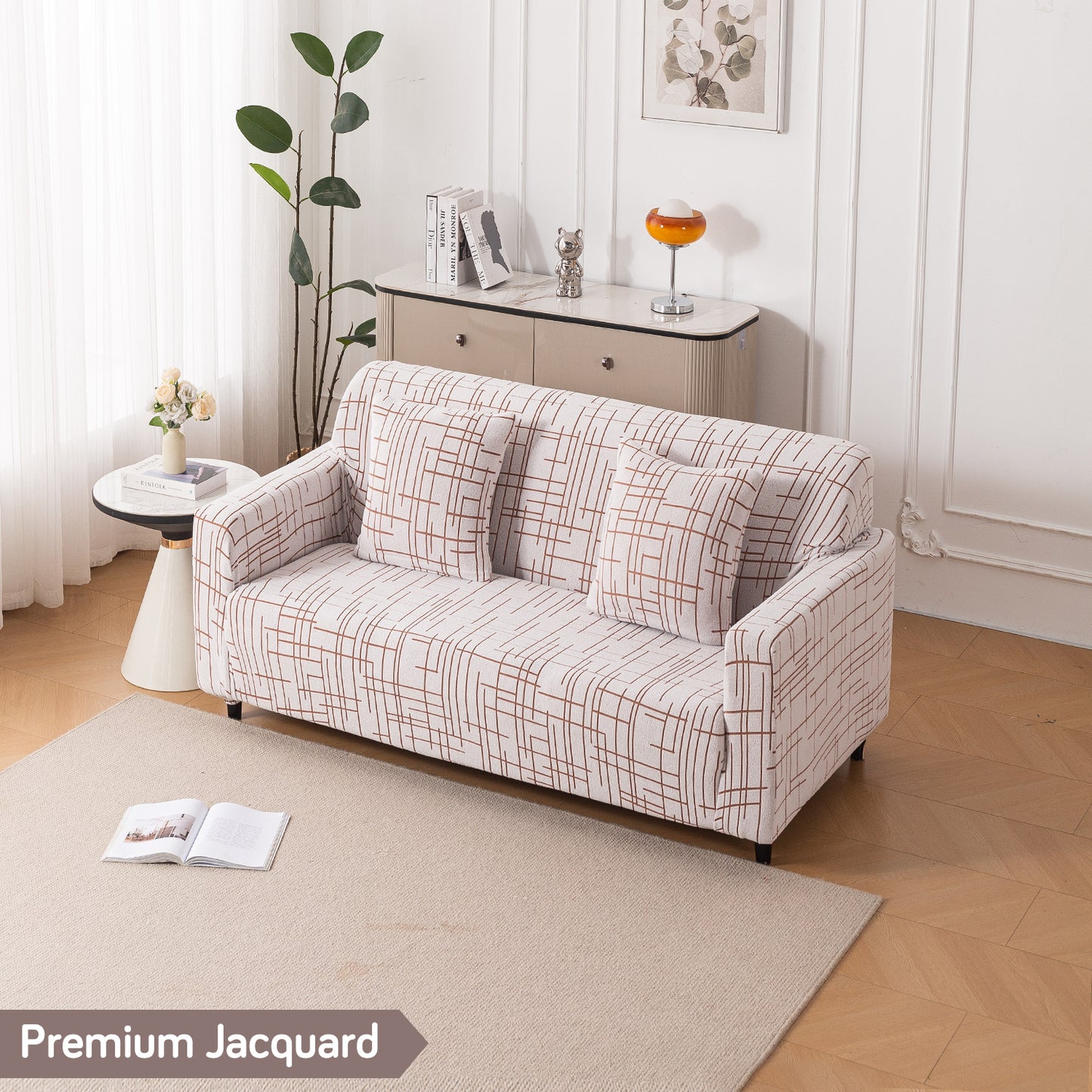 'Crossline Series' Jacquard Sofa Cover 1/2/3/4-seater Fully Covered, Rust Brown