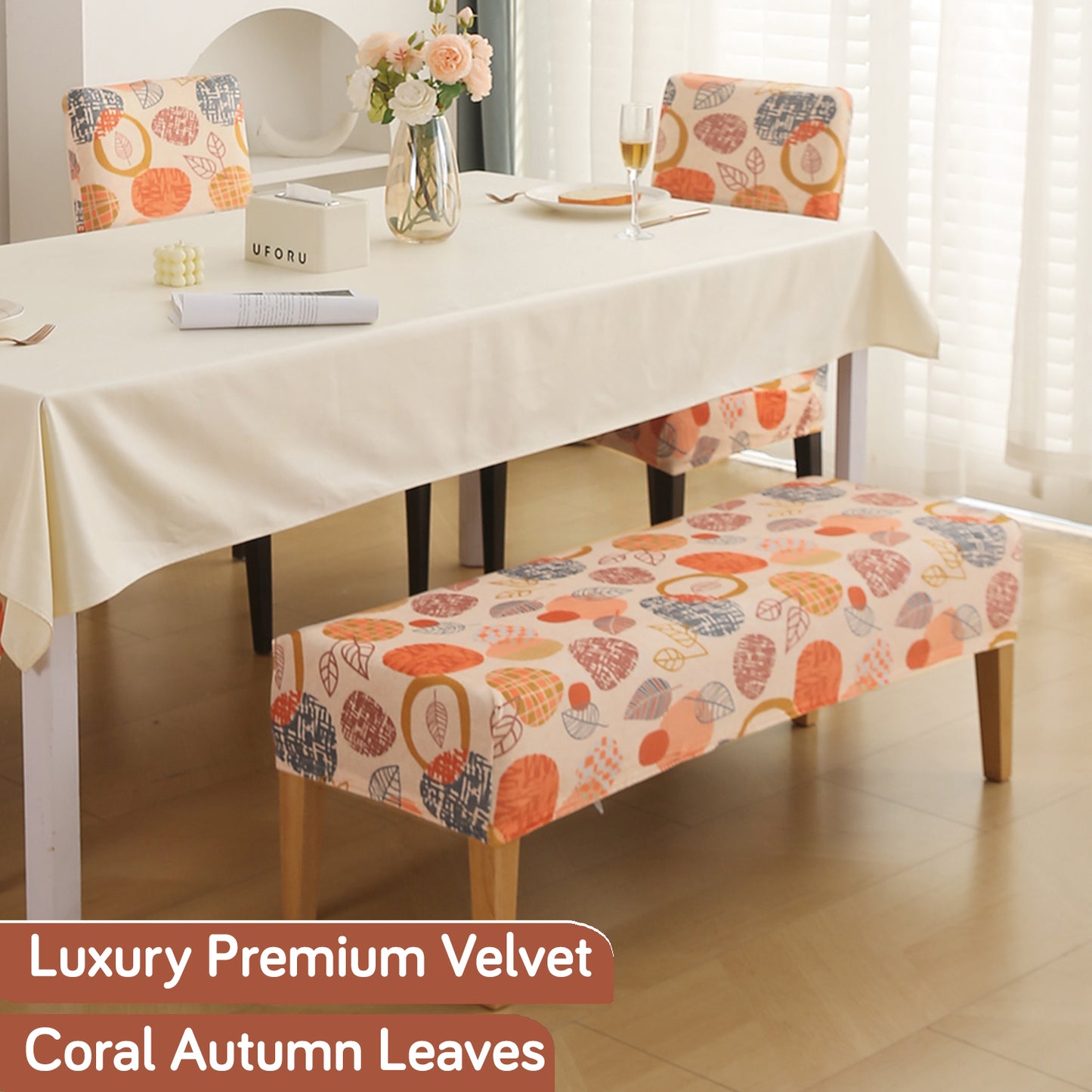 Premium Velvet Cover Set for 4 Dining Chairs + 1 Dining Bench, Coral Autumn Leaves