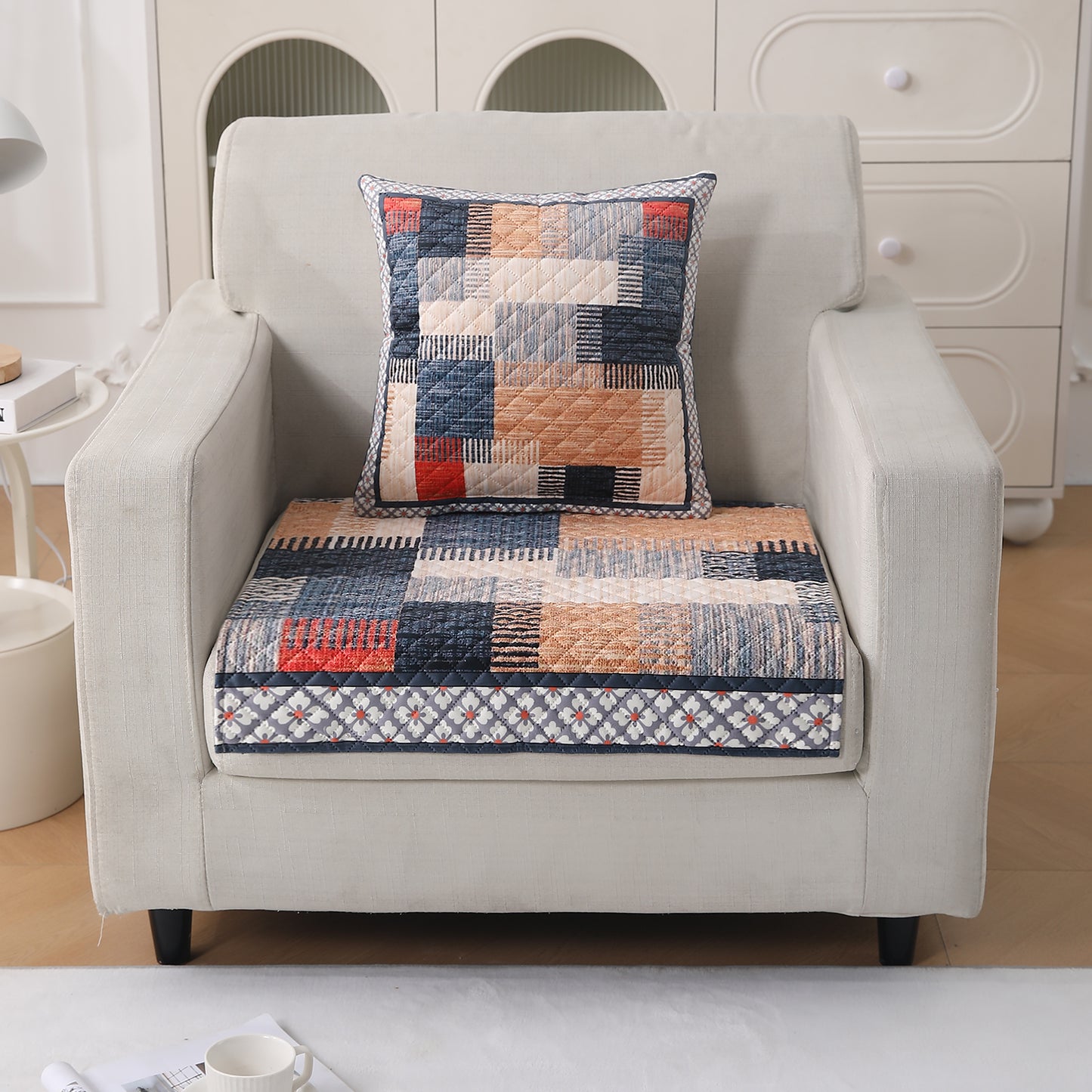 LiefNest Printed Holland Velvet Sofa Mat with Foam Filling - Urban Grid Multicolor for 1/2/3 Seater & Armrest