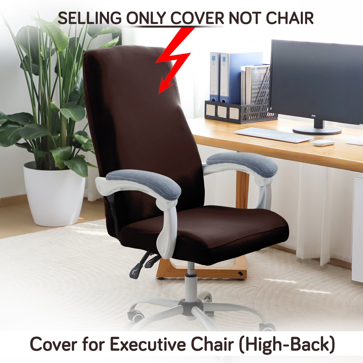 Office Chair Cover for Executive Chair (High-Back) – 140 GSM Stretch Fabric – Washable, Durable & Anti-Slip – Fits High-Back Office Chairs, Brown