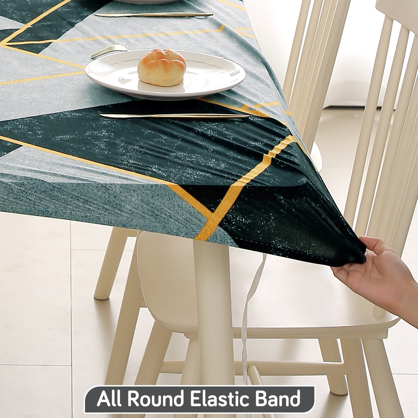 Printed Stretch Fit Water-Repellent & Anti-Slip Table Cloth Cover for 4 Seater / 6 Seater, Multicolor Abstract Geometry