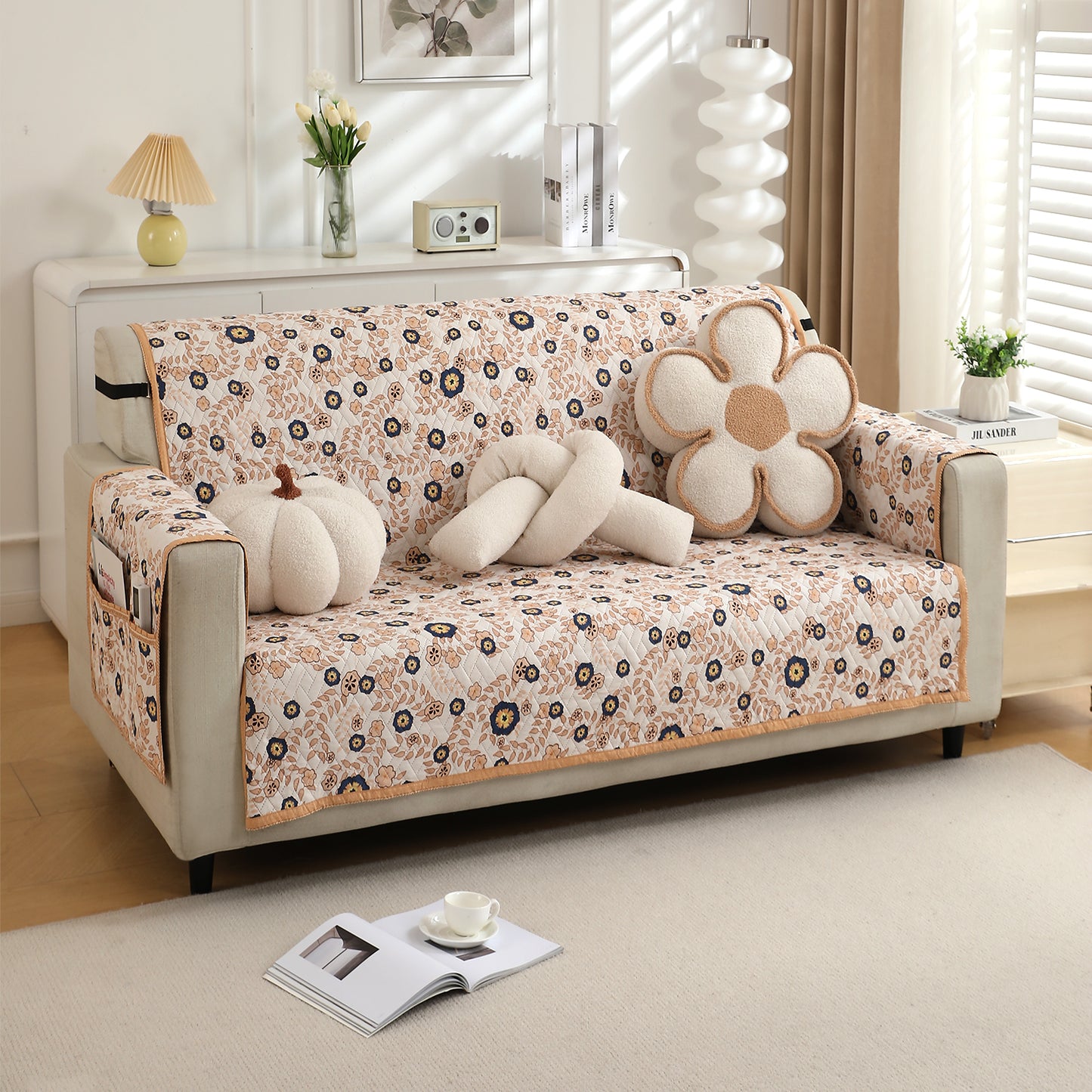 Light Peach Candytuft Printed three seater quilted sofa cover with armrest and side pockets