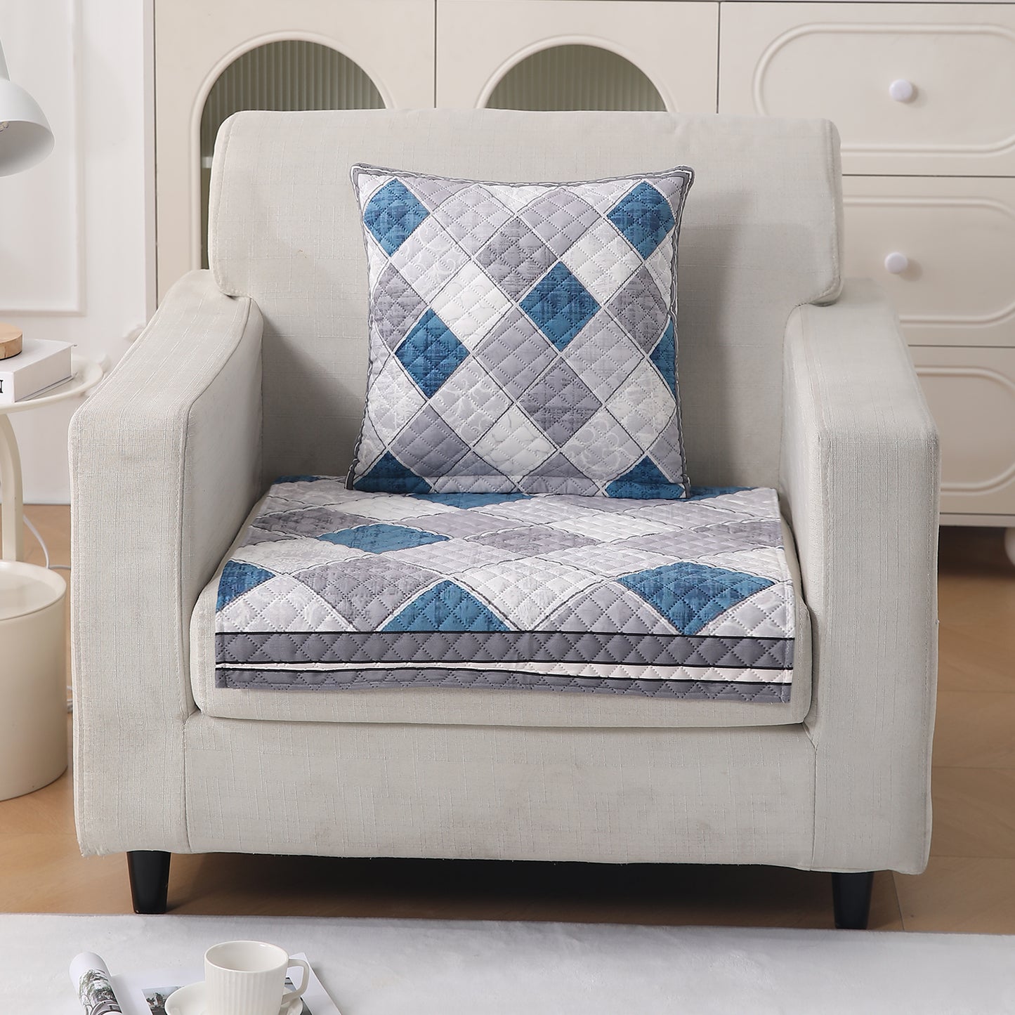LiefNest Printed Holland Velvet Sofa Mat with Foam Filling - Diamond Slate Grey Blue for 1/2/3 Seater & Armrest