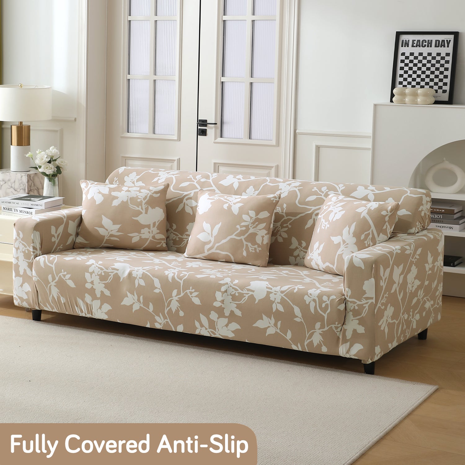 Buff brown silhouette floral print modern stretchable 3 seater sofa covers