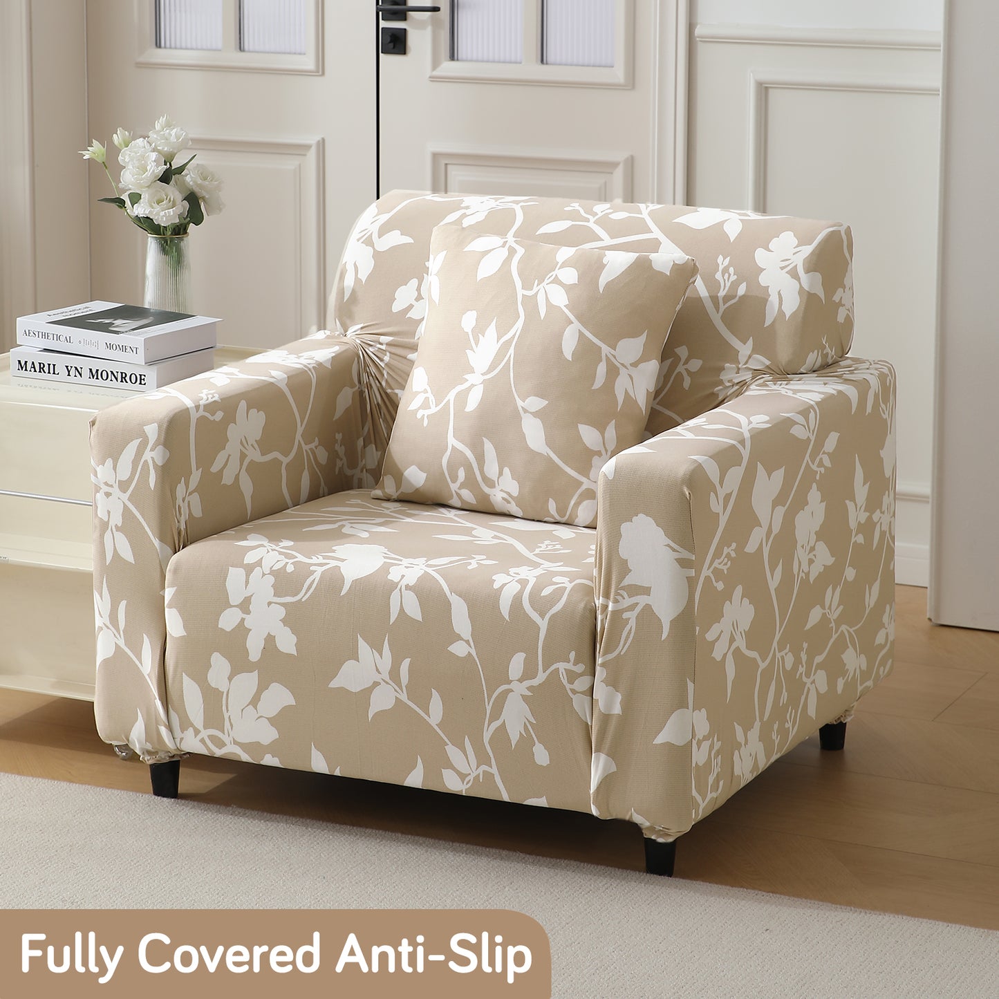 Buff brown silhouette floral print non slip elastic 1 seater sofa cover