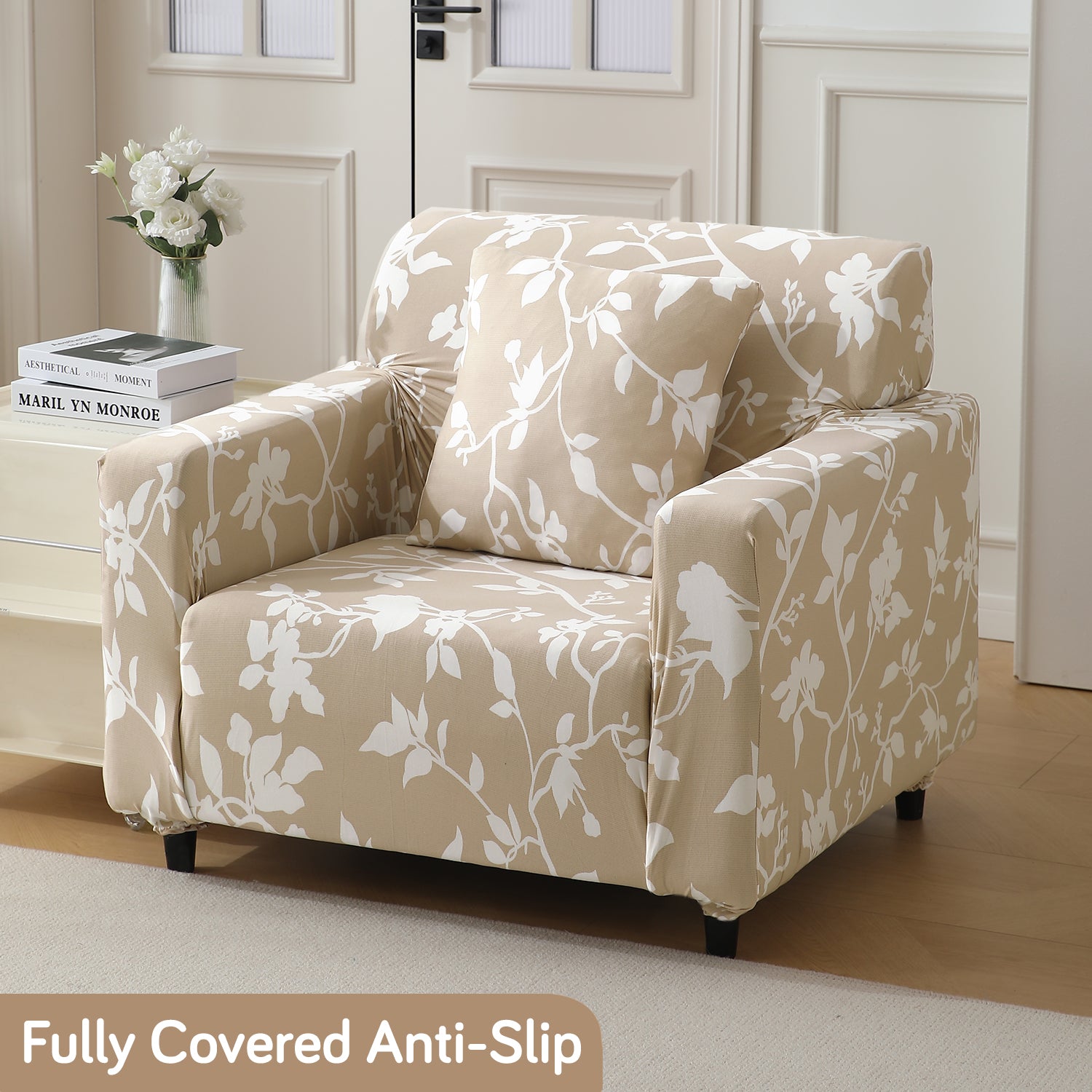 Buff brown silhouette floral print non slip elastic 1 seater sofa cover