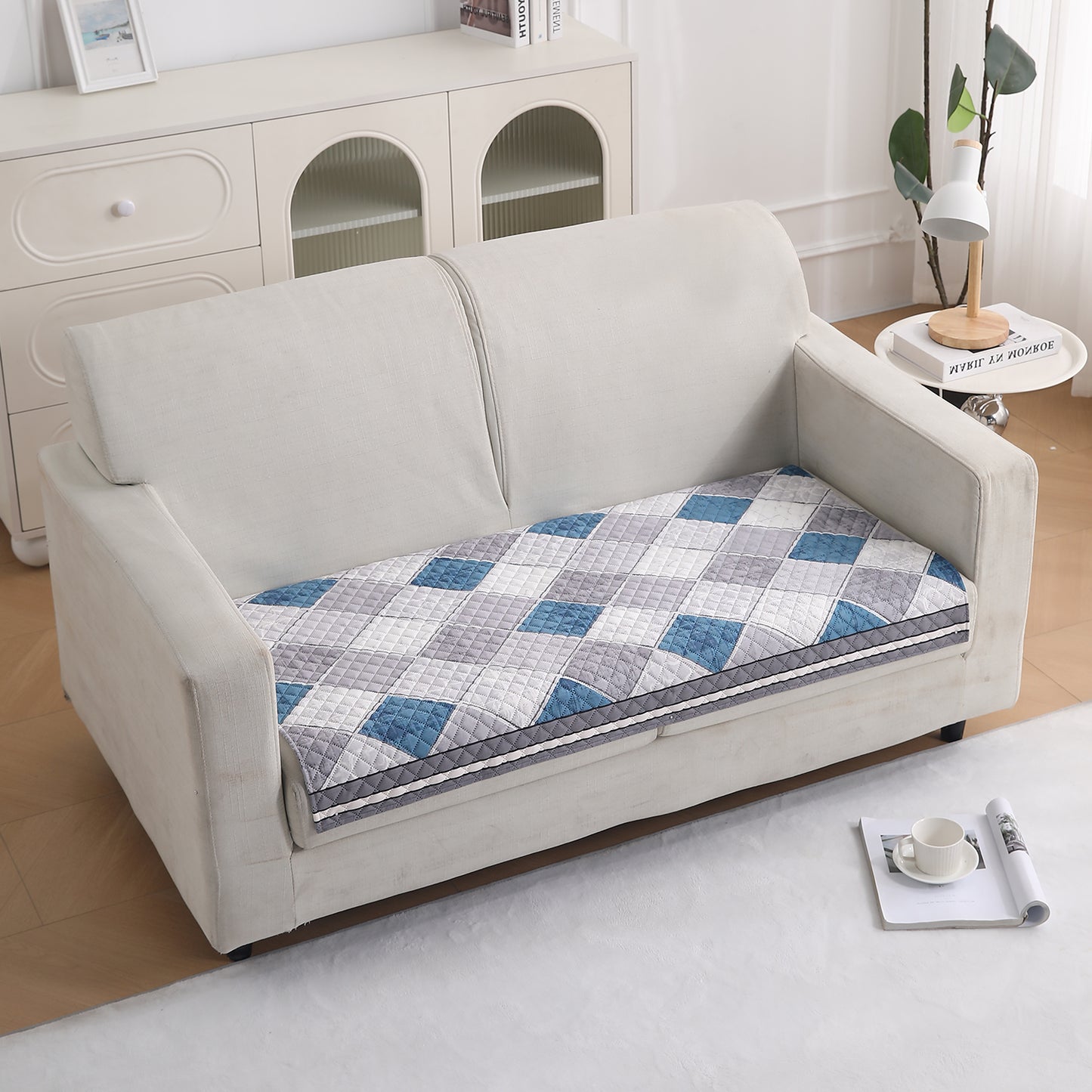 LiefNest Printed Holland Velvet Sofa Mat with Foam Filling - Diamond Slate Grey Blue for 1/2/3 Seater & Armrest