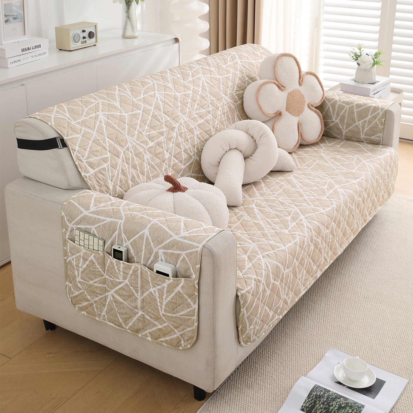 Waterproof & Quick-Dry Quilted Sofa Cover with Pockets on Armrest, Beige Abstract Geometry