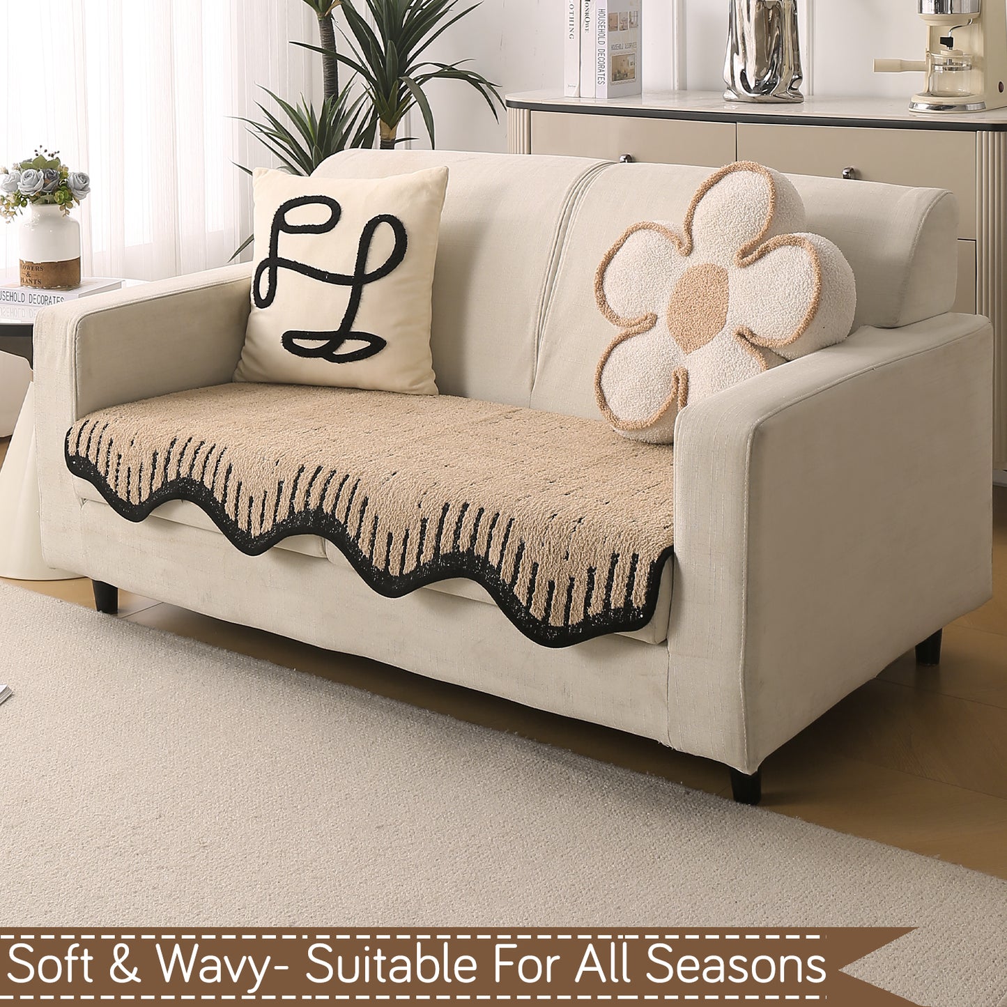 Premium Supple Soft Wavy with Curve Sofa Cover Mat, Brown