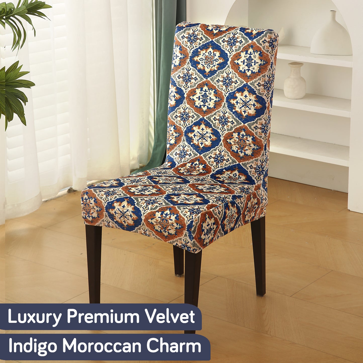 Premium Printed Velvet Dining Chair Cover Set, Indigo Moroccan Charm
