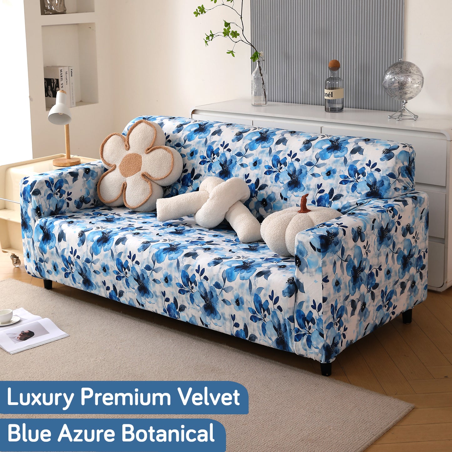 Premium Printed Velvet Sofa Cover 1/2/3 Seaters Fully Covered, Blue Azure Botanical