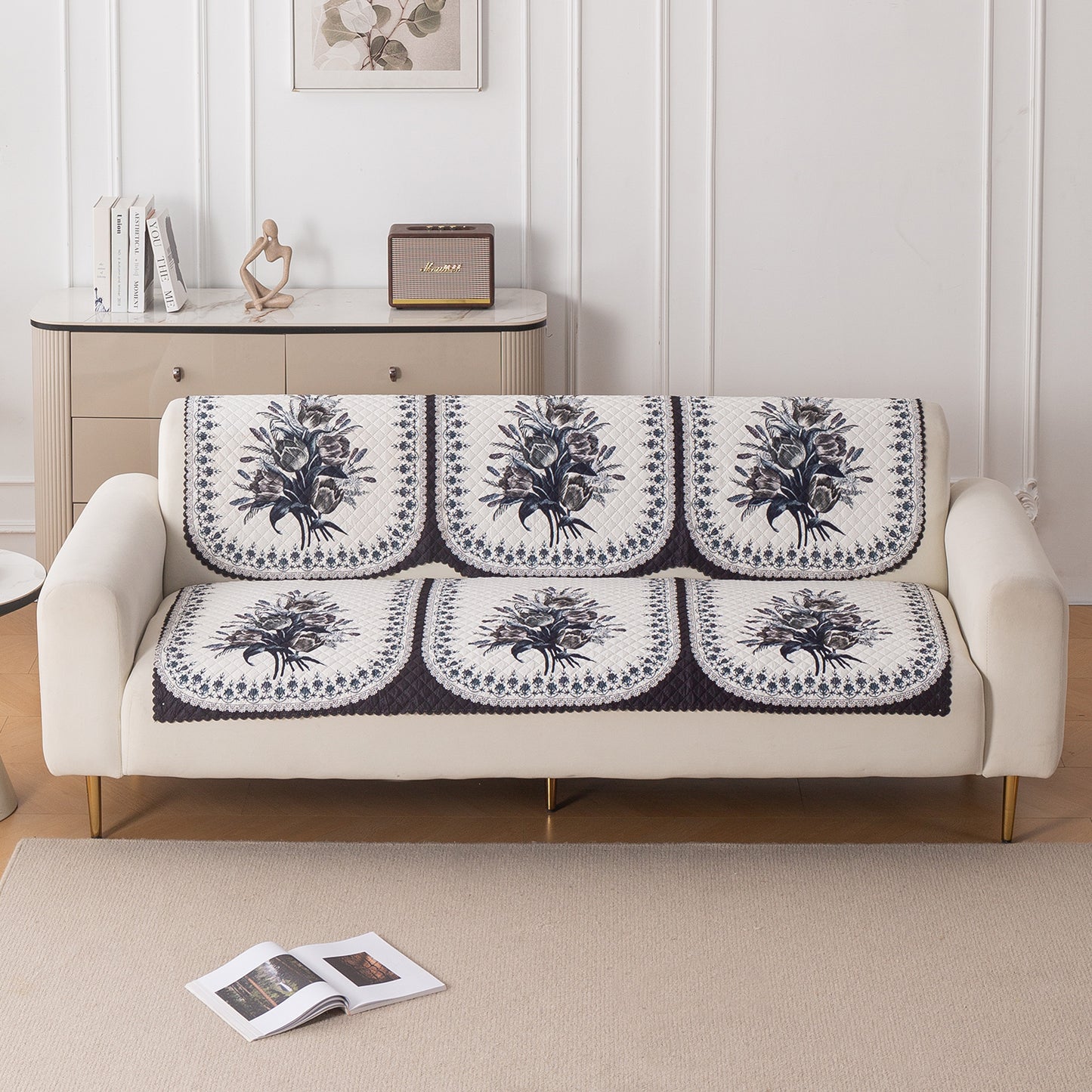 LoomVerse Quilted Sofa Cover Set Washable Sofa Panel for Seat & Back - Midnight Bloom