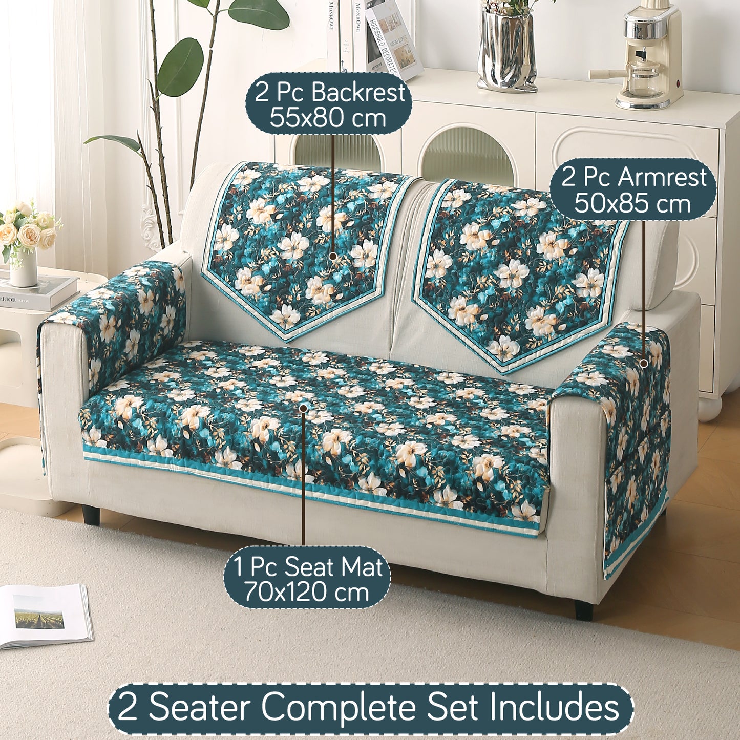 Florentina Series Printed Holland Velvet Sofa Mat - Pansies Teal